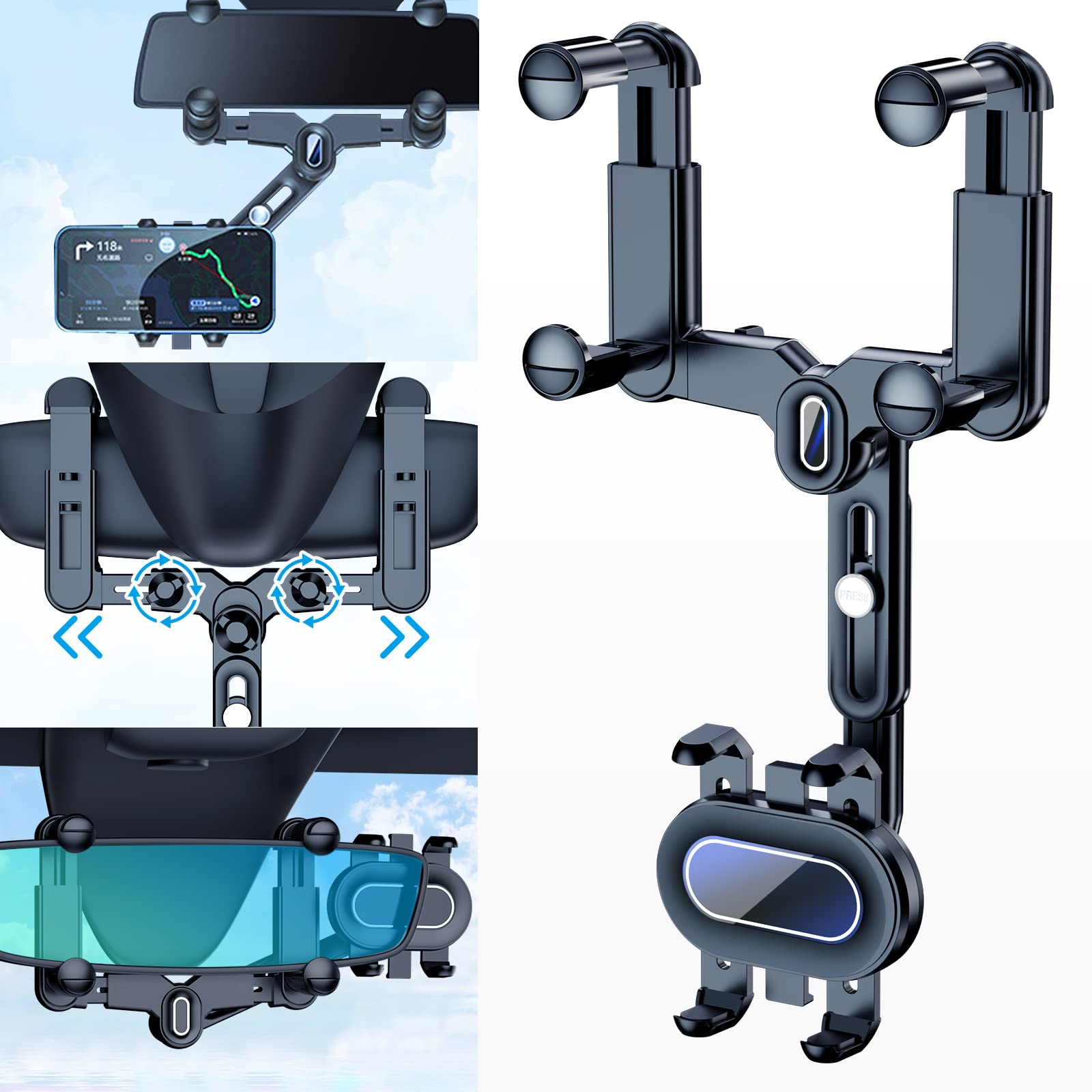 Fonken Phone Mount For Car, 360° Rotatable And Retractable Car Phone Holder Mount  Adjustment Rear View Mirror Phone Holder For Car Universal Rearview Mirror Cell Phone Car Mount Fit For All Smartphones