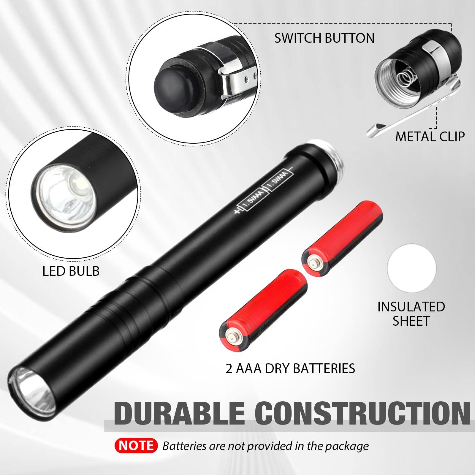 Tujoe 12 Pack Led Penlight Bulk, Pocket Flashlight With Clip, Aluminum Pen Flashlights Mini Pen Light For Nurses Hospital Outdoor Camping Emergency Hiking (Black)