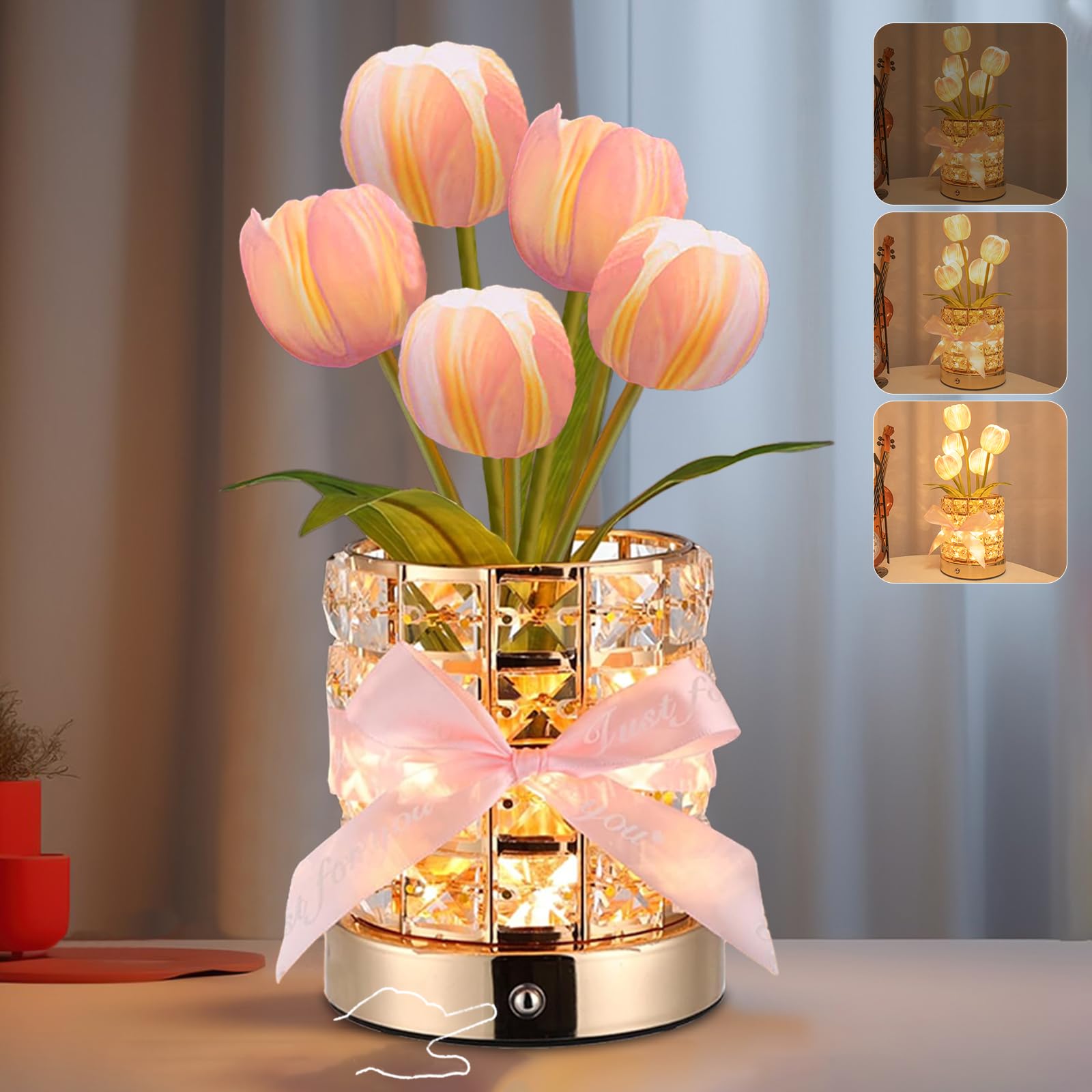 Strackvial Tulip Flower Lamps, Rechargeable Cordless Small Desk Lamp, 3 Colors Dimmable Artificial Flowers Night Light, Fake Bouquet 5 Tulip With Crystal Vase For Home Date Party Decoration (Tulip-Pink)