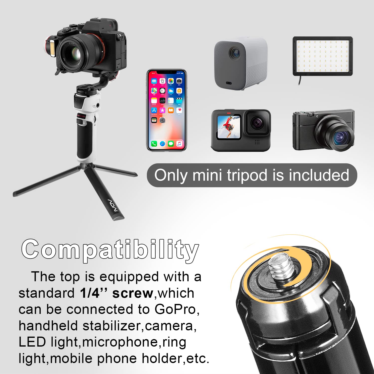 Adai Mini Tripod Selfie Tripod Desktop Phone Stand Set Top With 1/4 Inches Screw And Phone Clamp Compact Tripod For Smooth 4,Osmo Mobile,Vimble 2,Gimbal Handle Grip Stabilizer And All Cameras
