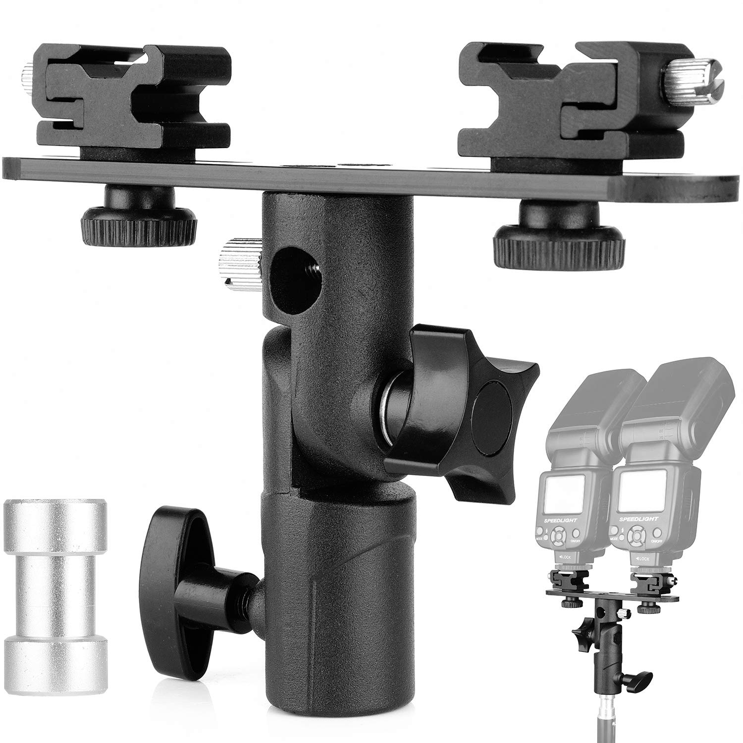 Chromlives Dual Flash Bracket Hot Shoe Speedlight Stand Umbrella Holder Light Stand Bracket Mount 1/4'' To 3/8'' Compatible With Studio Video Dslr Camera Canon Nikon Yongnuo