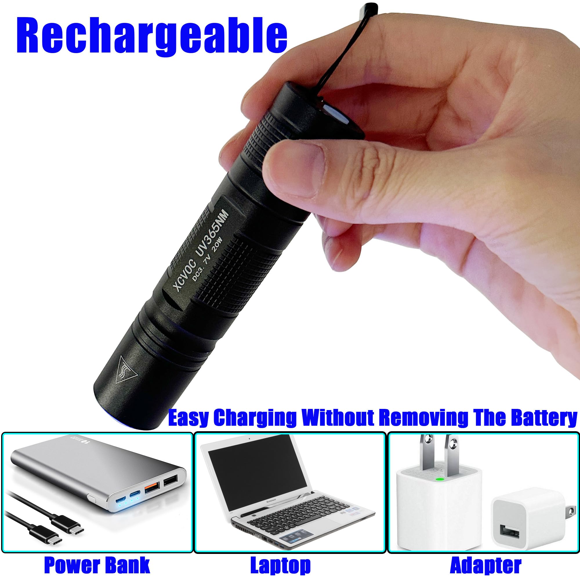 Xcvoc Uv Blacklight Flashlight With Filter Rechargeable 365Nm Shortwave Uv Light For Minerals Rock Hunting,Resin Curing,Pet Urine Detection Torch 20W Woods Lamp Ringworm