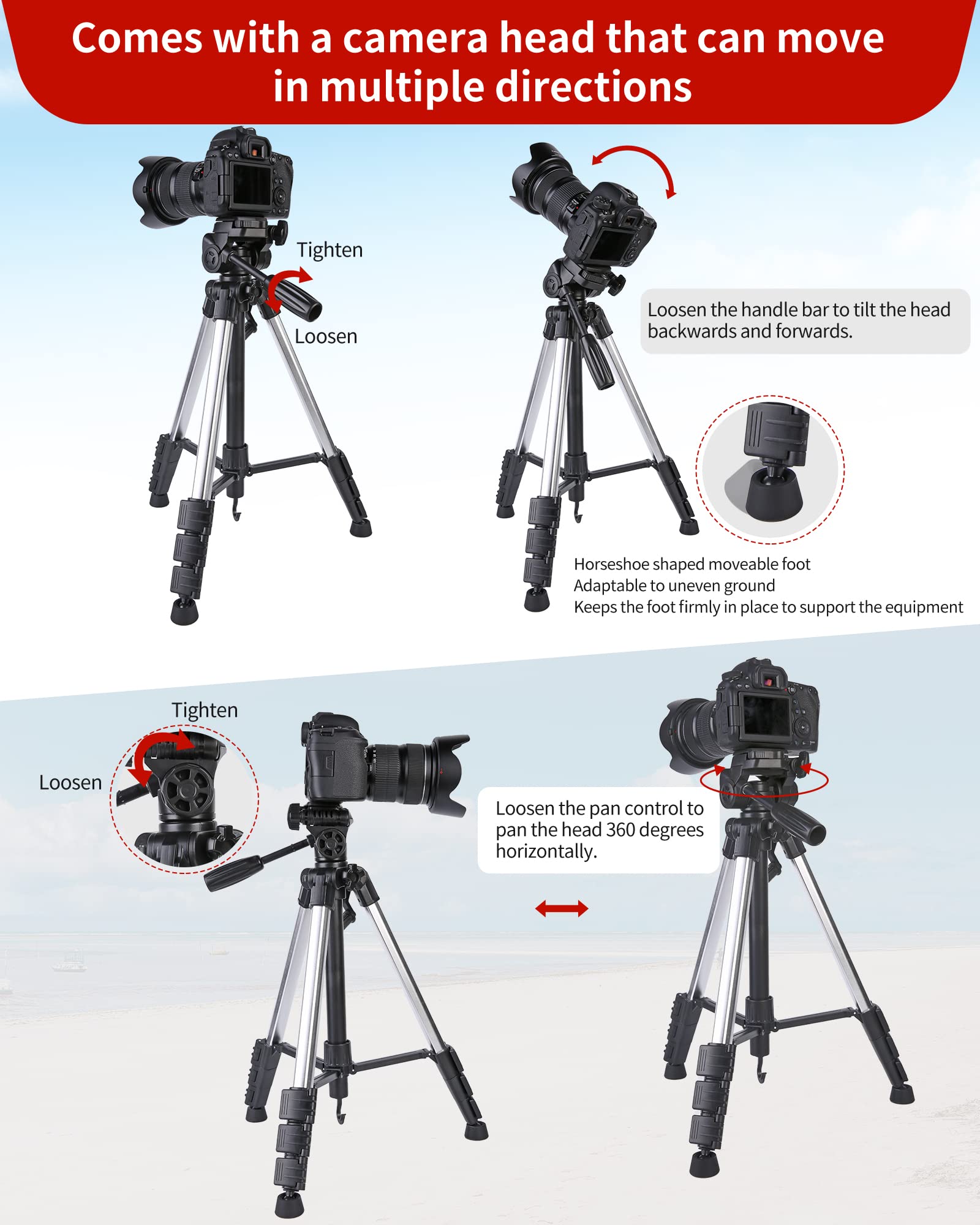 Mountain River Camera Tripod With Bag, 360° Panoramic Tripod Head,Quick Release Plate, Aluminum, Black