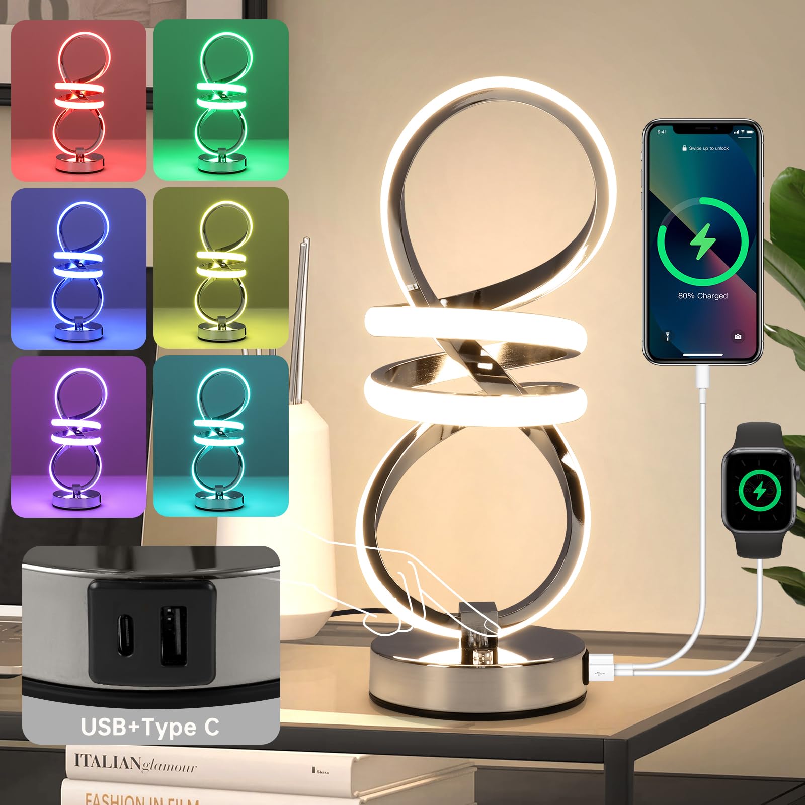 Eidisuny Rgb Spiral Table Lamp, Modern Led Table Lamp, Chrome Cool Bedside Lamps, 7 Colors & 10 Light Modes Touch Dimmable Led Nightstand Lamp With Usb/Type C For Bedroom, Living Room,Silver
