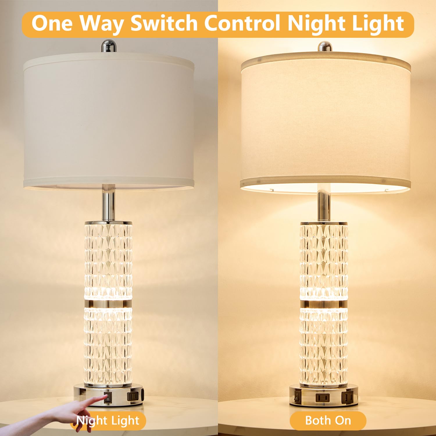 Saiweya Crystal Table Lamps Modern 3-Way Dimmable Bedside Lamp With 2 Usb Ports & Ac Outlets For Living Room Bedroom Nightstand Lamp Night Light (Silver-2 Pack)