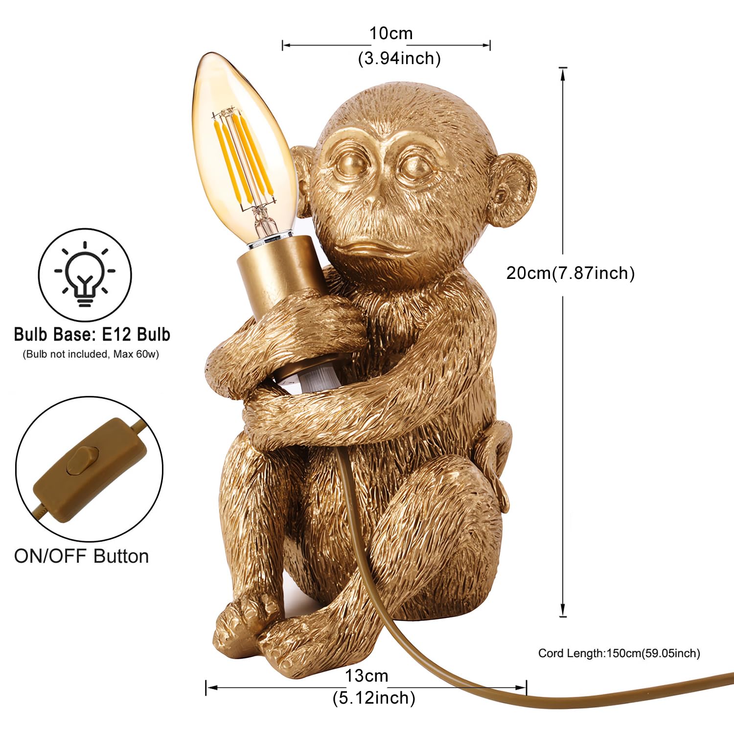 Jorunhe Hand-Carved Resin Monkey Table Lamp - Artistic Small Animal Desk Light For Bedroom, Living Room & Cafe Decor, E12 Socket (Bulb Not Included), 7.9" Height