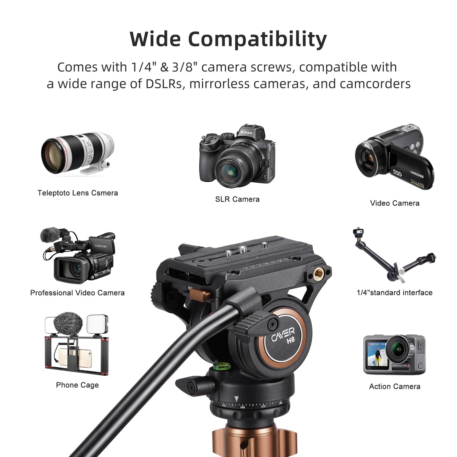Cayer H8 Video Tripod Fluid Head, Metal Heavy Duty Drag Pan Head With 60 Mm Flate Base, Adjustable Pan Handle, Load Up To 13.2Ibs For Compact Video Camera Dslr Camera