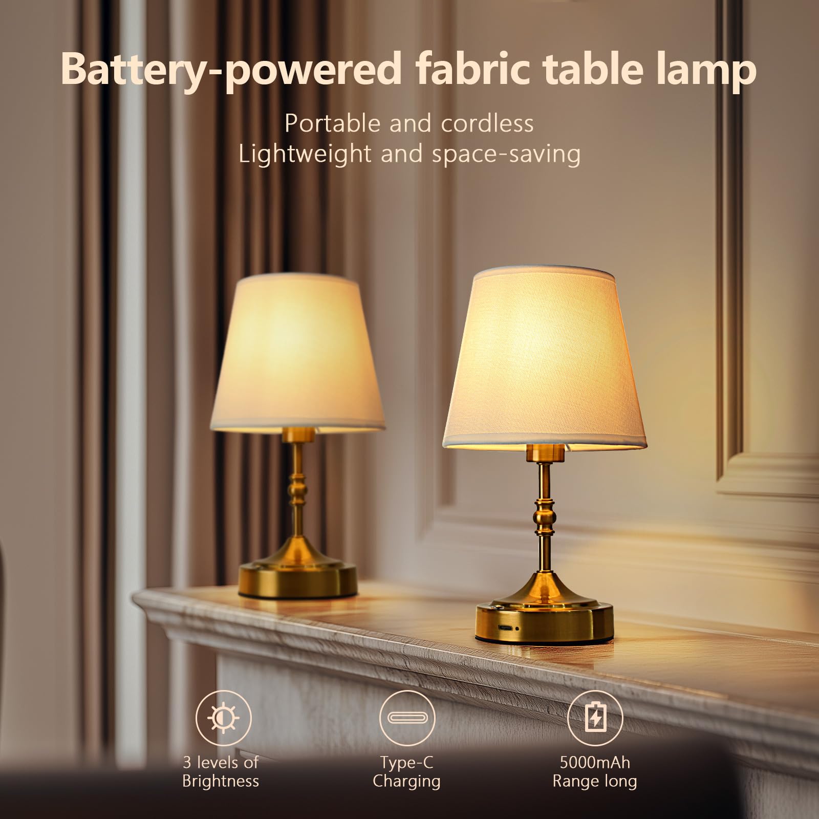 Mobeyu Cordless Table Lamps 2-Pack, Rechargeable Battery Operated Lamp With 5000Mah, Touch Control, 3-Level Dimmable Led Light, Portable Bedside Lamp For Bedroom, Living Room, Bar, And Dining Table
