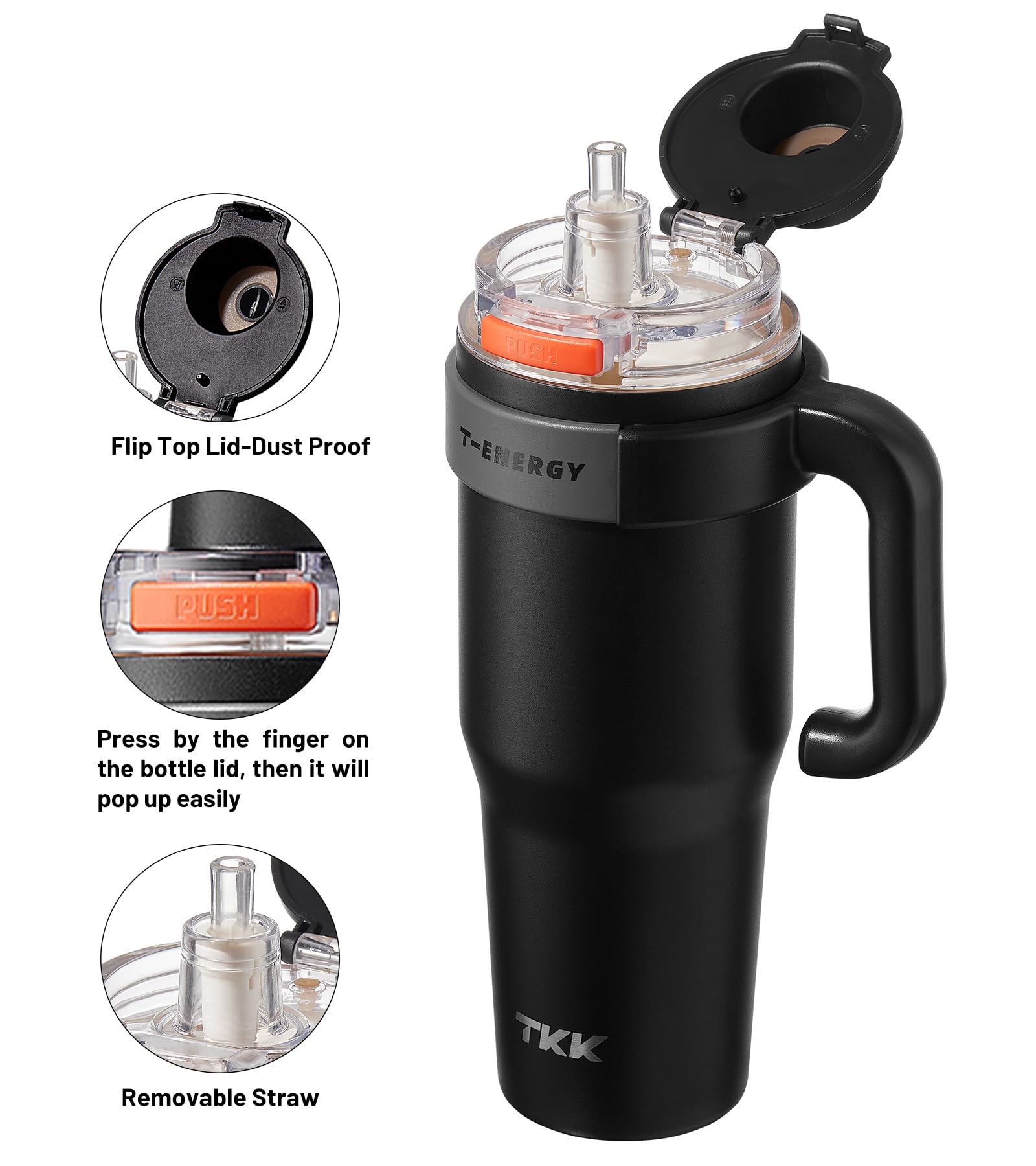 Tkk 40 Oz Insulated Tumblers With Handle And Straw, Stainless Steel Travel Mug With Ceramic Coating