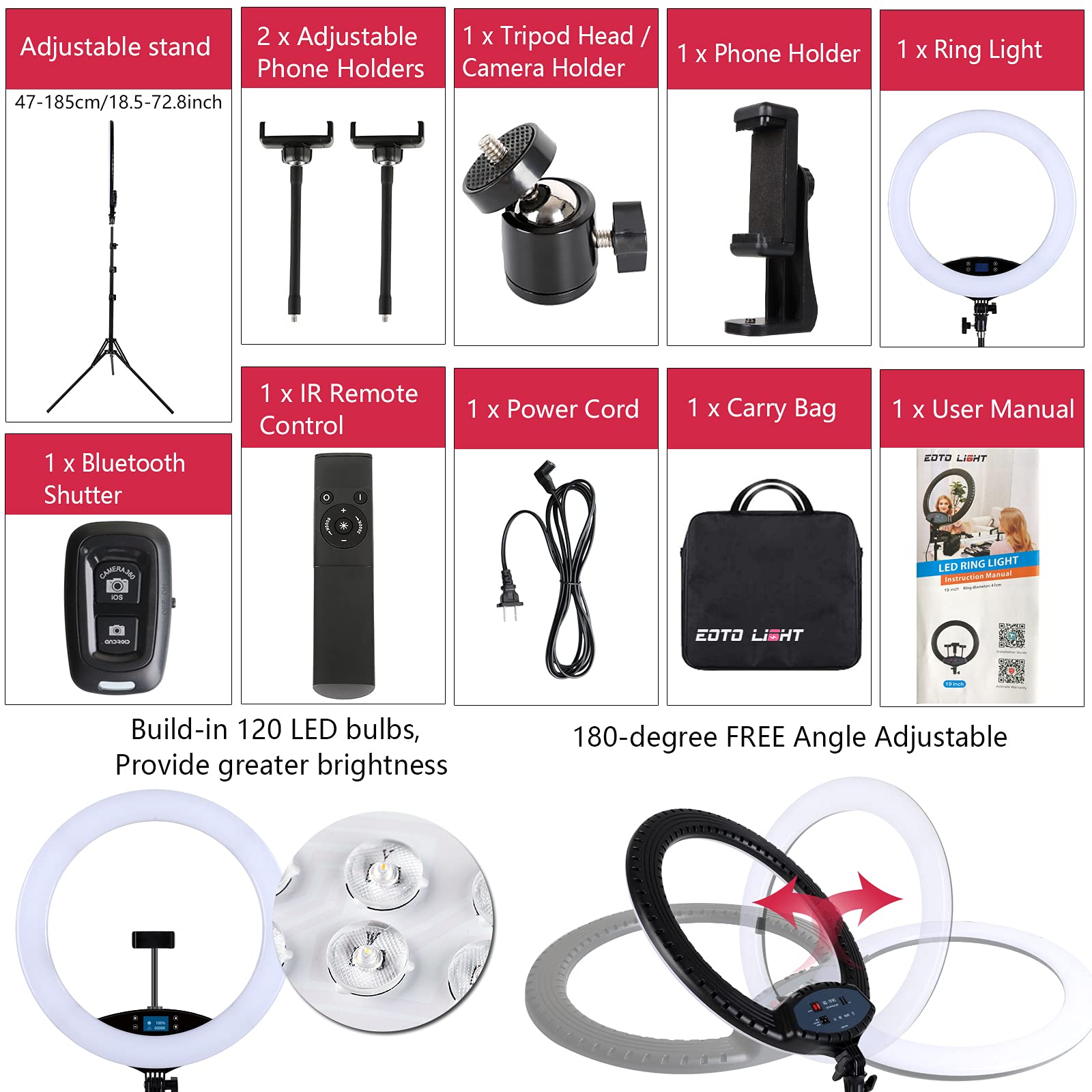 Eoto Light 19 Inch Led Ring Light Lcd Display Touch Screen With Tripod Stand Dimmable Makeup Selfie Ring Light For Studio Portrait Youtube Vlog Video Shooting With Carrying Bag And Remote Controller, Cri90
