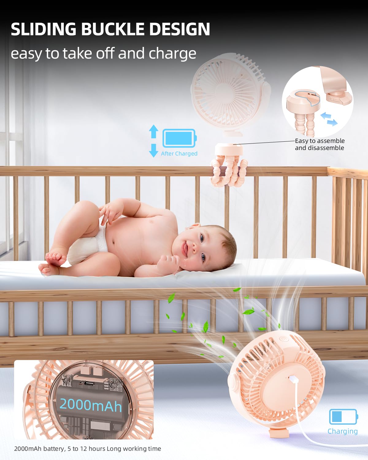 Stroller Fan, Battery Operated Clip On Portable Fan, 360°Rotate Usb Rechargeable Personal Desk Fan