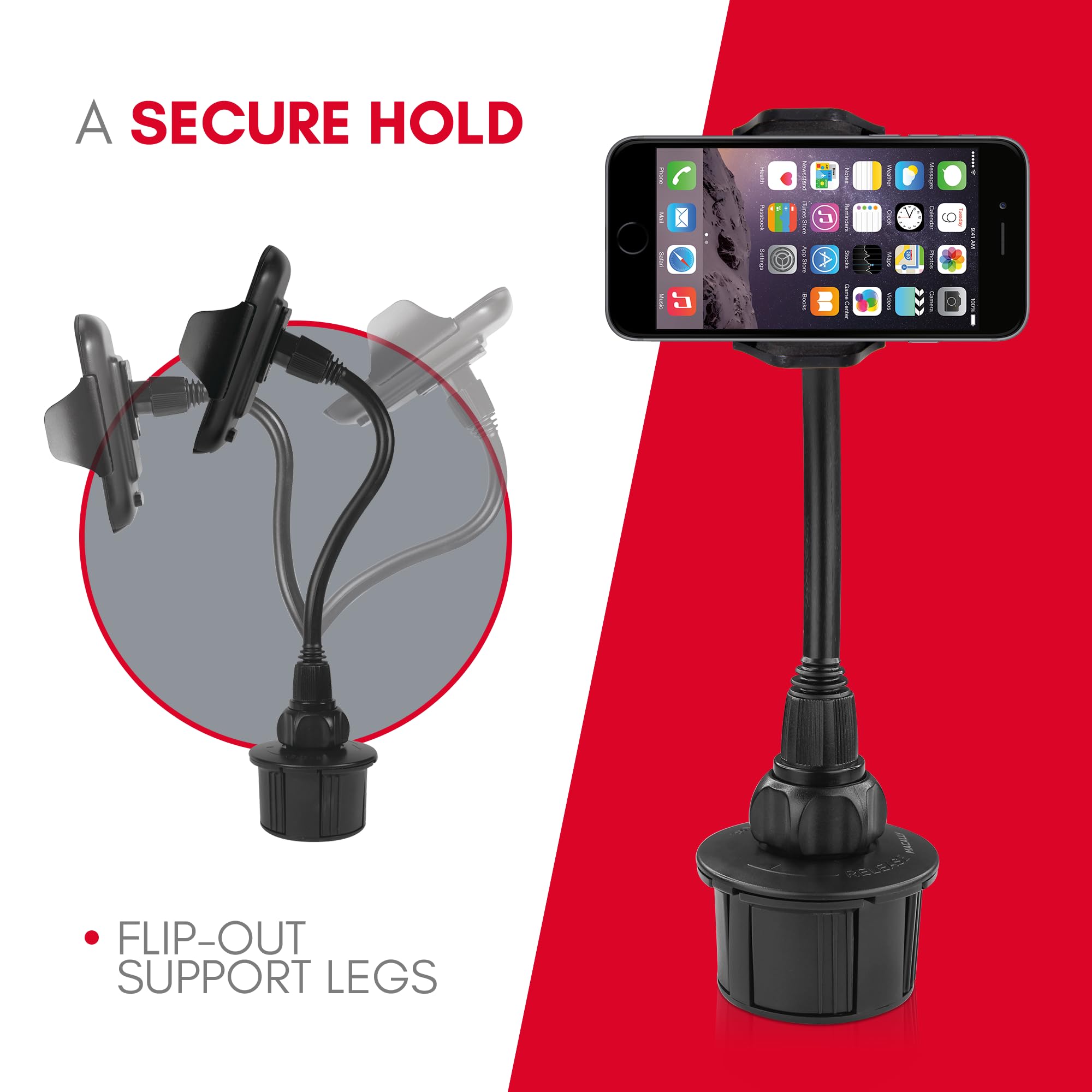 Macally Car Cup Holder Phone Mount - 8” Long Flexible Gooseneck Cell Phone Holder Car Cup Holder With 360° Adjustable Holder - Universal Cup Phone Holder Fits With/Without Case Up To 4.1” Wide