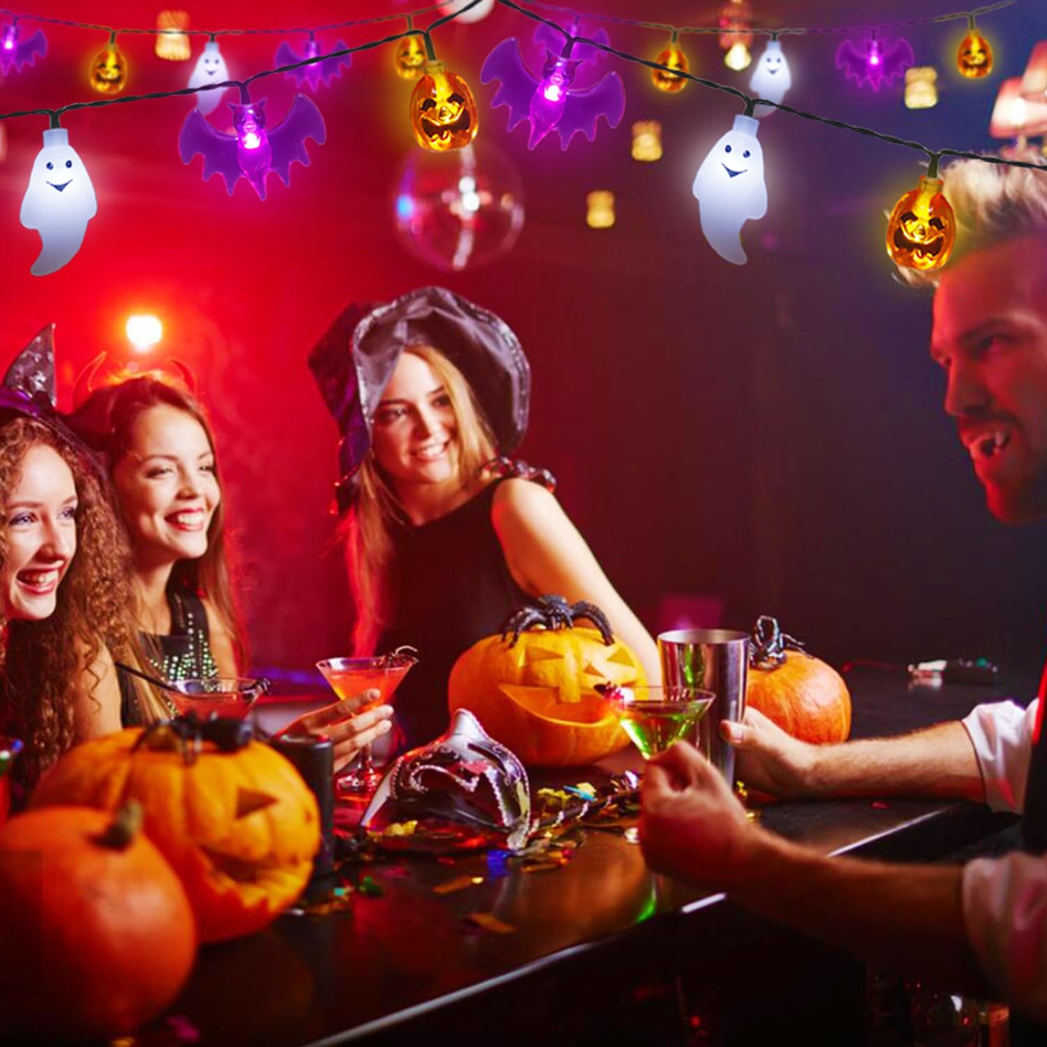 Mankinlu 21 Ft 30 Led 3D Pumpkin Bat Ghost Halloween String Lights, Waterproof Solar Powered, Indoor/Outdoor
