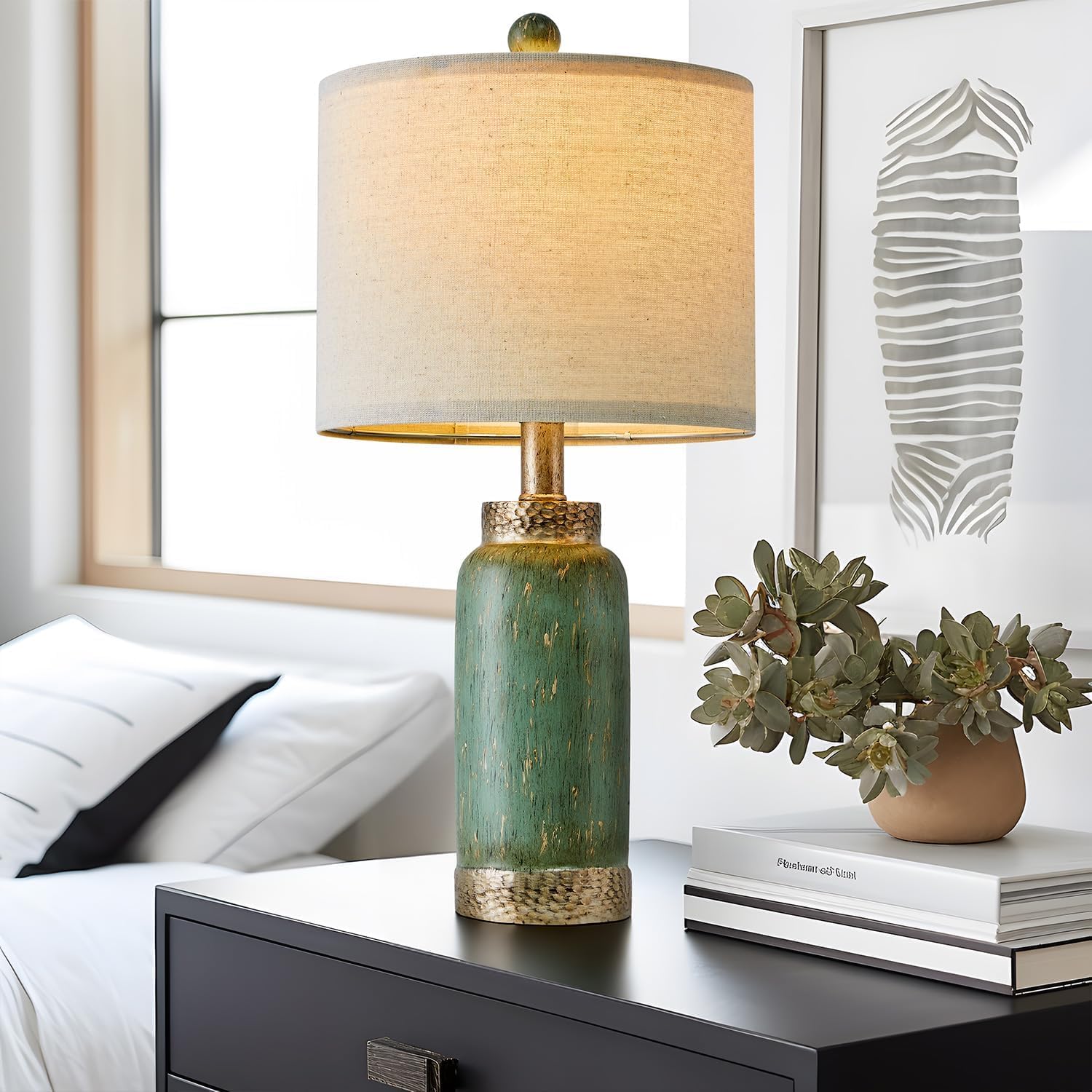 G-Safava 20.25" Table Lamps Set Of 2 Small Table Lamp For Bedroom Living Room Green Lamp Farmhouse Lamp Vintage Rustic Boho Bedside Lamps Mid Century Side Table Nightstand Lamp Home Office Retro Deco