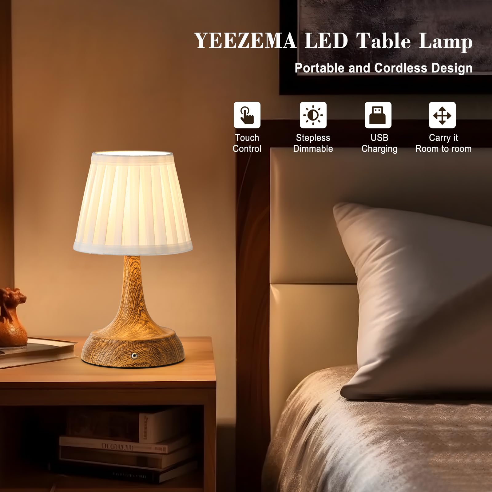 Yeezema Cordless Led Table Lamp, Modern Portable Rechargeable Battery Operated Desk Lamp Small Shower Lamp With Touch Dimmable Switch And Fabric Lamp Shade For Bedroom/Restaurant/Bedside/Nightstand/Bar