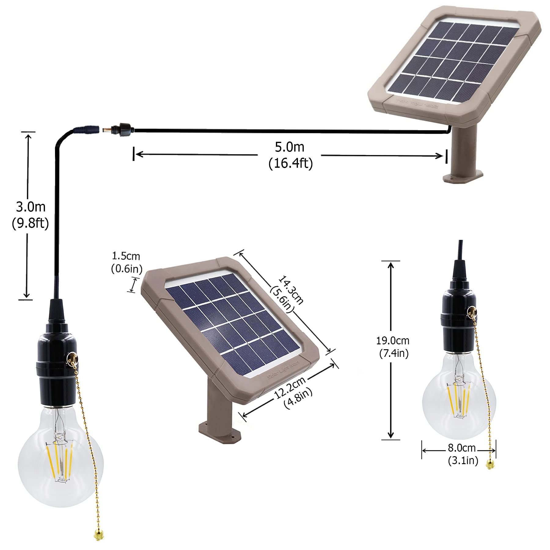 Solar Light Mart Solar Shed Light Eddie For Garden Patio/Garage/Storage Room/Ceiling Light, 26Ft (8M) Cable, Pull Chain On/Off, Warm White Led, Day Night Use