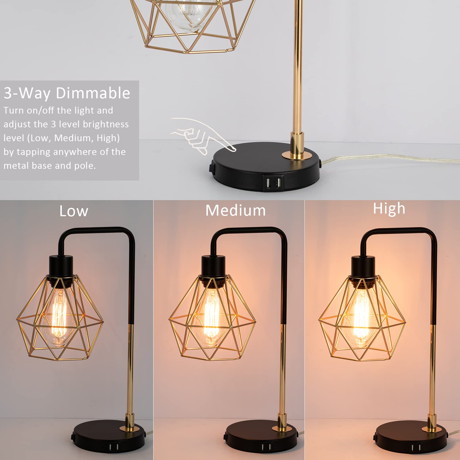 Cotulin Touch Control Black Gold Table Lamp,Modern Industrial Desk Lamp With 2 Usb Charging Ports,3-Way Dimmable Bedside Nightstand Vintage Metal Cage Reading Lamp For Bedroom Living Room Office Study