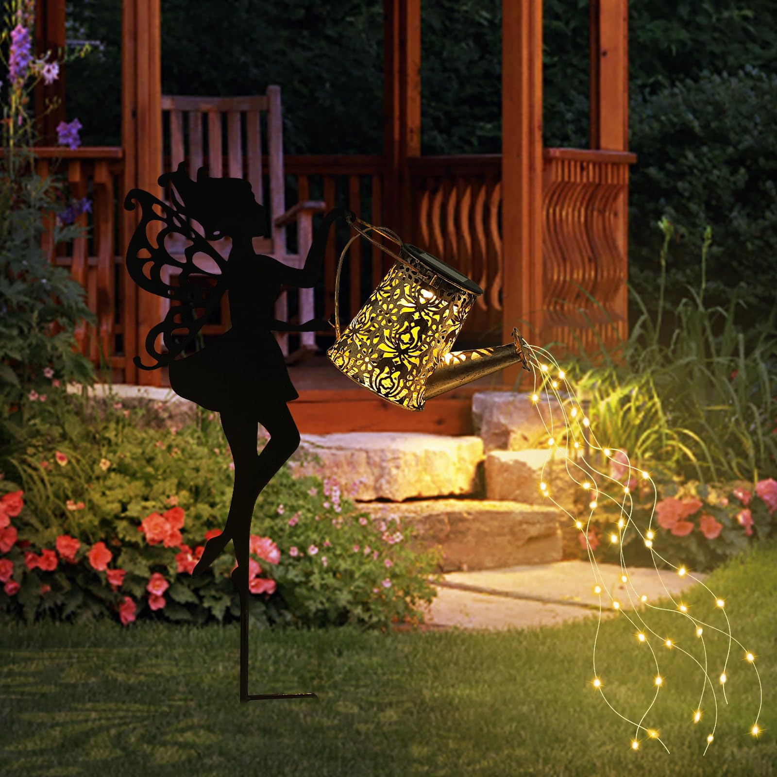 Otdecor Outdoor Decor Solar Watering Can With Cascading Lights - 24 Inch Garden Decor For Outside - Metal Outdoor Path Lights - Garden Solar Lights For Lawn Walkway Yard Decor(36 Led String Lights)