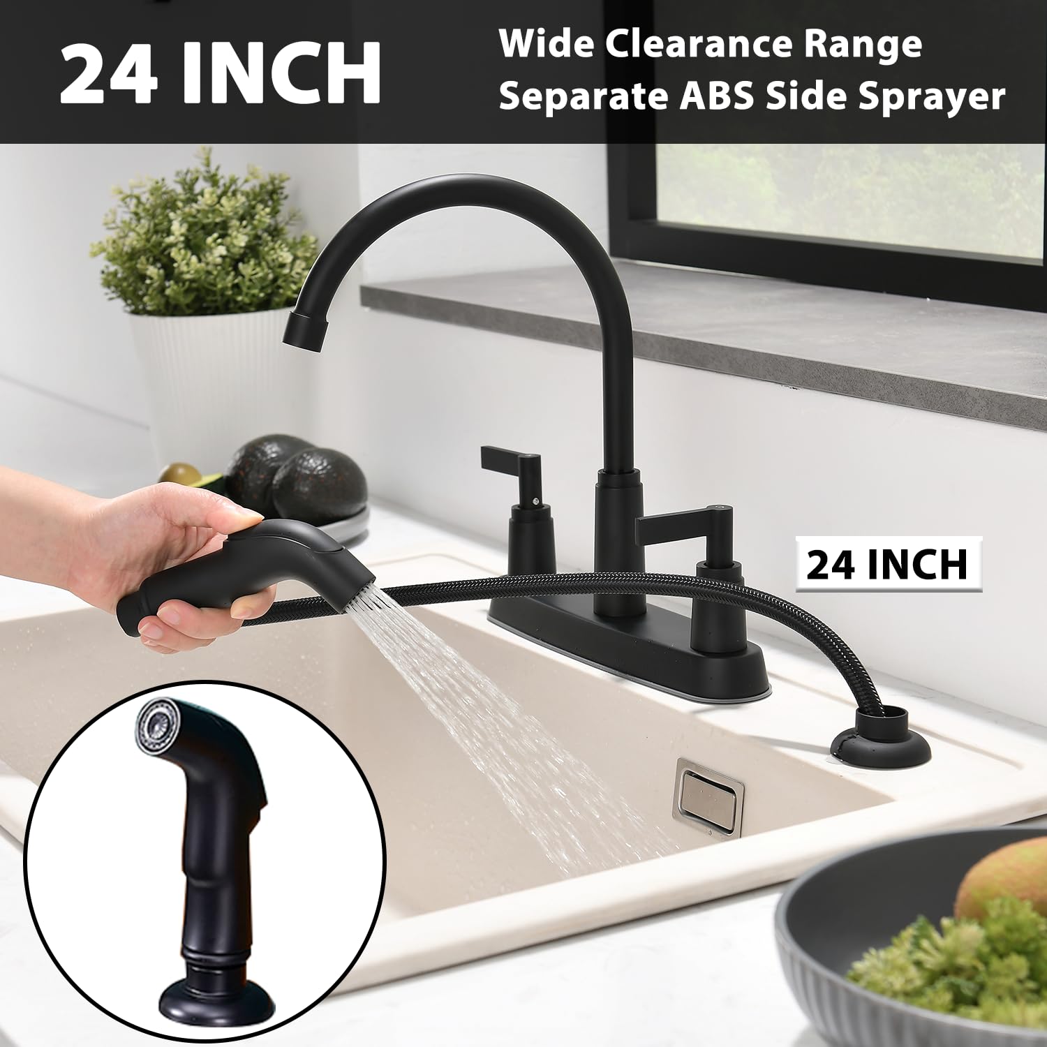 Rainmax Modern 2 Handle Kitchen Sink Faucet With Side Sprayer, High Arc 360 Swivel Stainless Steel 3 Or 4 Hole Kitchen Faucet For Rv Camper Laundry Utility Bar Sinks, Matte Black