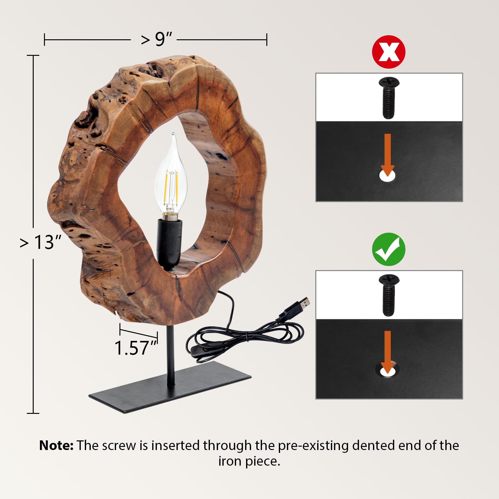 Laptain Wood Table Lamp, Irregular Jujube Tree Wooden Bedside Lamp, Creative Home Decor Table Lamp, Bedside Night Light For Bedroom, Living Room, E12, On-Off Button, Iron Base
