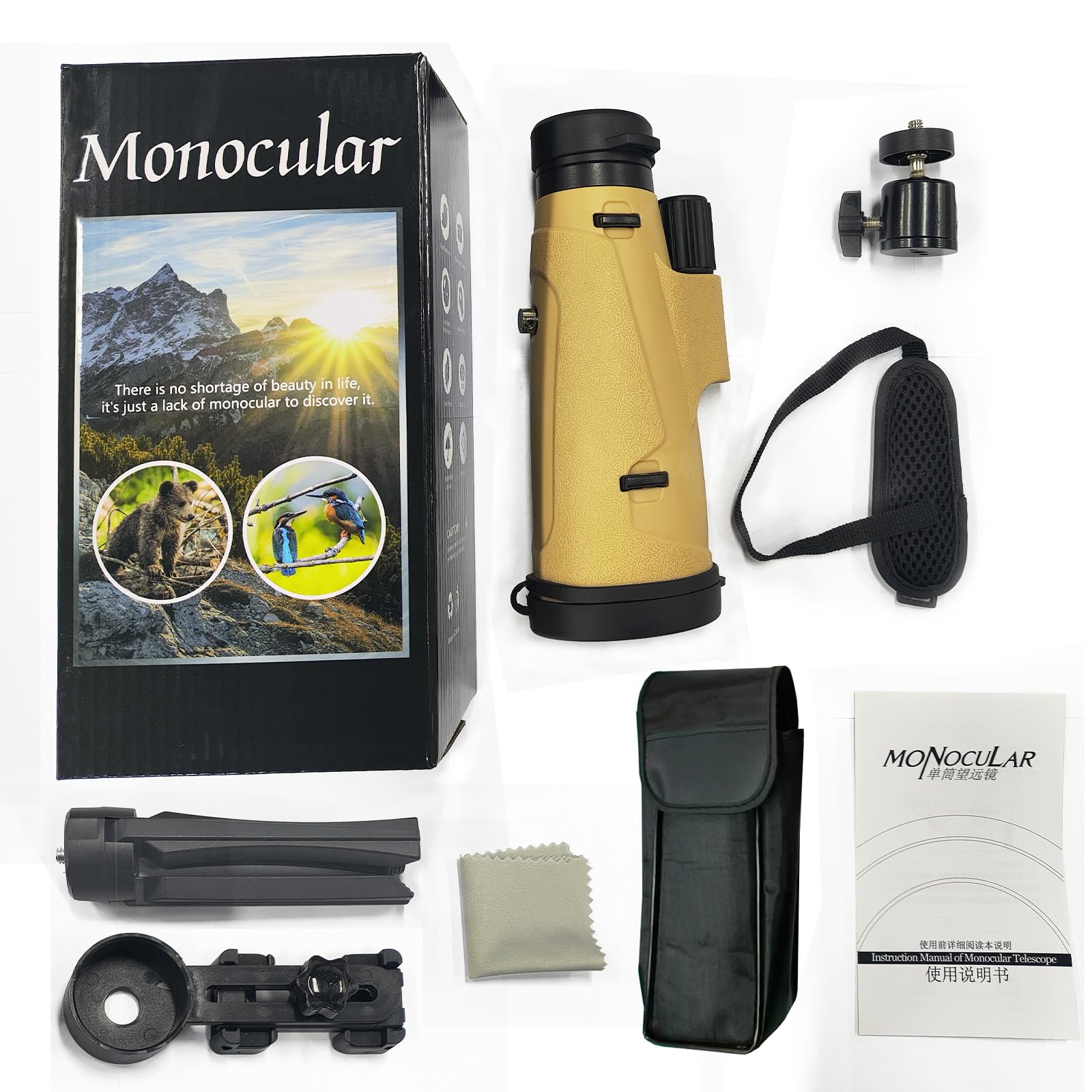 Calpower 12X50 Monocular Telescope High Powered For Adult - Compact Zoom Hd Monocular With Smartphone Adapter&Tripod - Bak 4&Fmc Lens Waterproof Monocular For Hunting, Hiking, Bird Watching, Camping Traveling