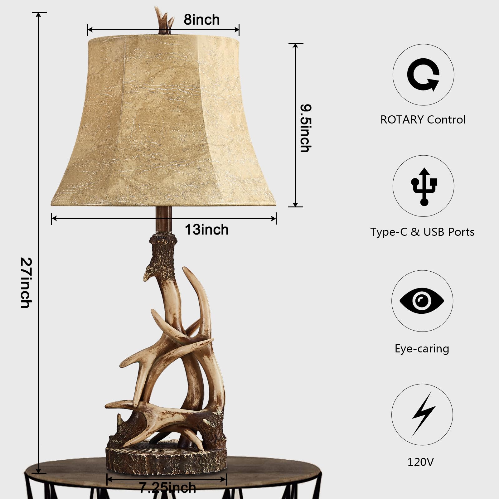Huitico 27.25'' Rustic Antler Table Lamps For Living Room With Usb A + C Charging Ports Western Cabin Bedside Lamps For Bedroom Nightstand Lamps With Faux Leather Lampshade, Single, Bulb Not Included