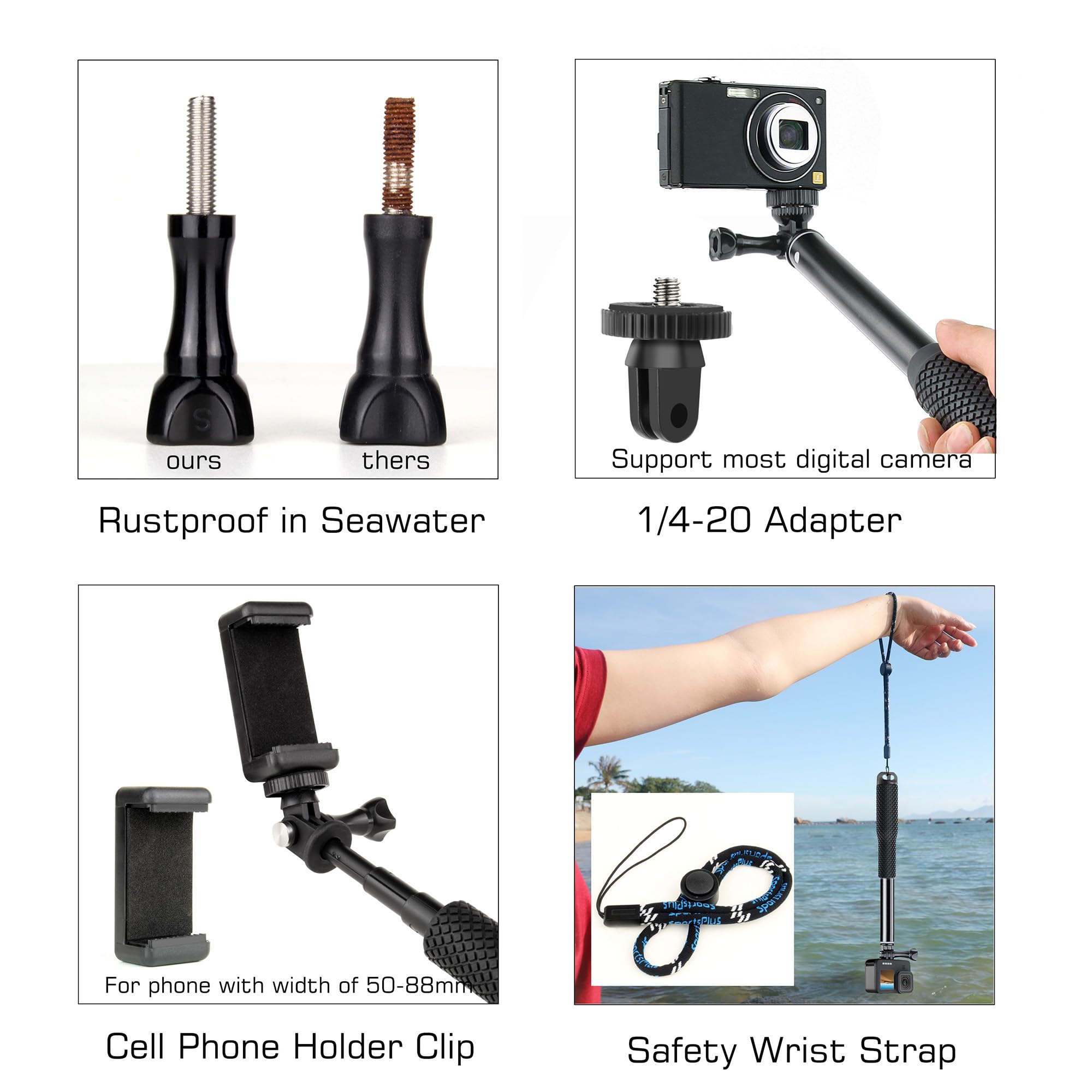 Gepuly Waterproof Selfie Stick Pole Hand Grip Adjustable Underwater Monopod For Gopro Hero 13 12 11 10 9 8 7 6 5 Akaso Dji Osmo 5 Pro Action Camera Black
