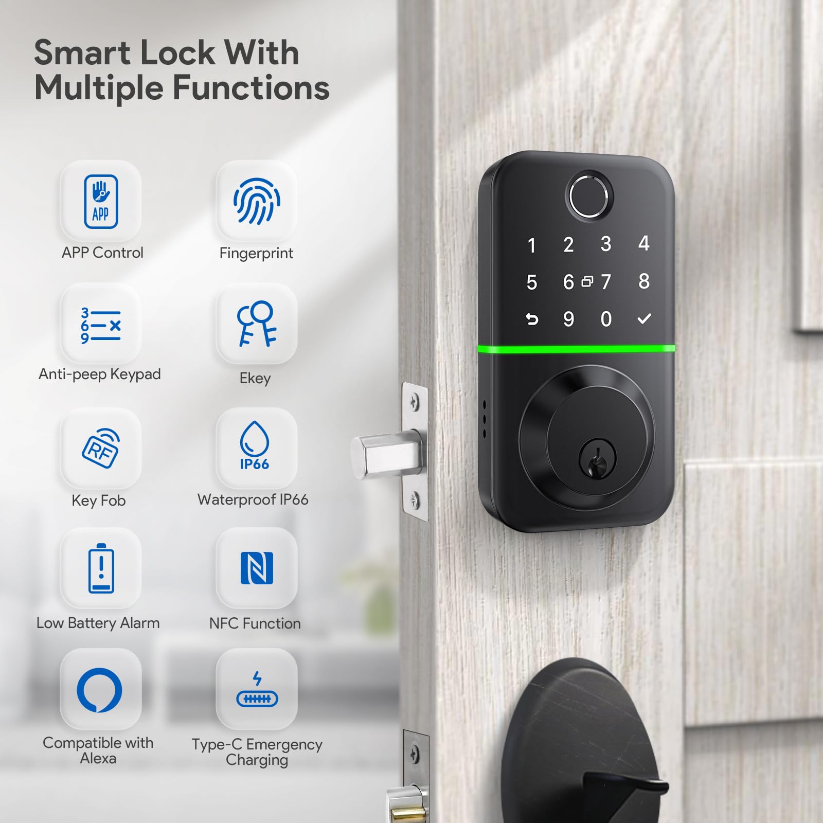 Kucacci Smart Door Lock Deadbolt With Keypad: Keyless Entry Door Lock - Fingerprint Lock For Front Door - Electronic Lock With Bluetooth And App Control - Waterproof Ip66 For Outdoor
