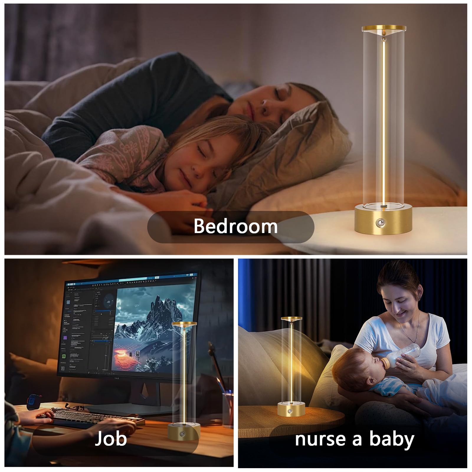 Baishezhuan Rechargeable Cordless Led Table Lamps Touch Sensor Light, 3-Levels Portable Dimming Wireless Battery Operated Lamp，Nightstand Lamp/Night Light/Restaurant Table/Outdoor/Coffee/Bar. (Gold)