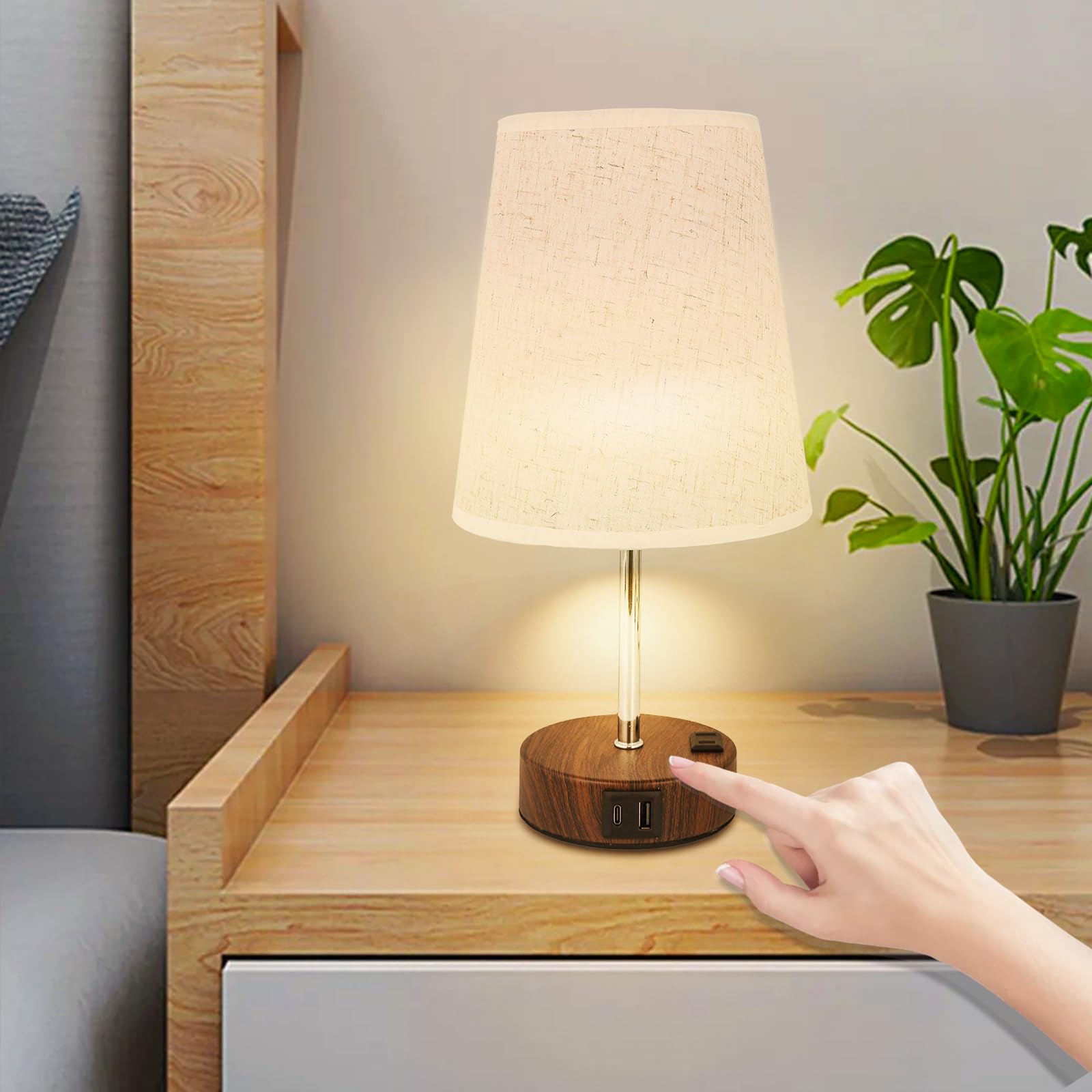 Novus Lighting Touch Table Lamp - 3 Way Dimmable Bedside Lamp With Usb-C Usb-A And Ac Charing Ports Wood Grain Base With Trapezoidal Linen Lampshade E26 Bulb Included (Cherry Wood Grain)