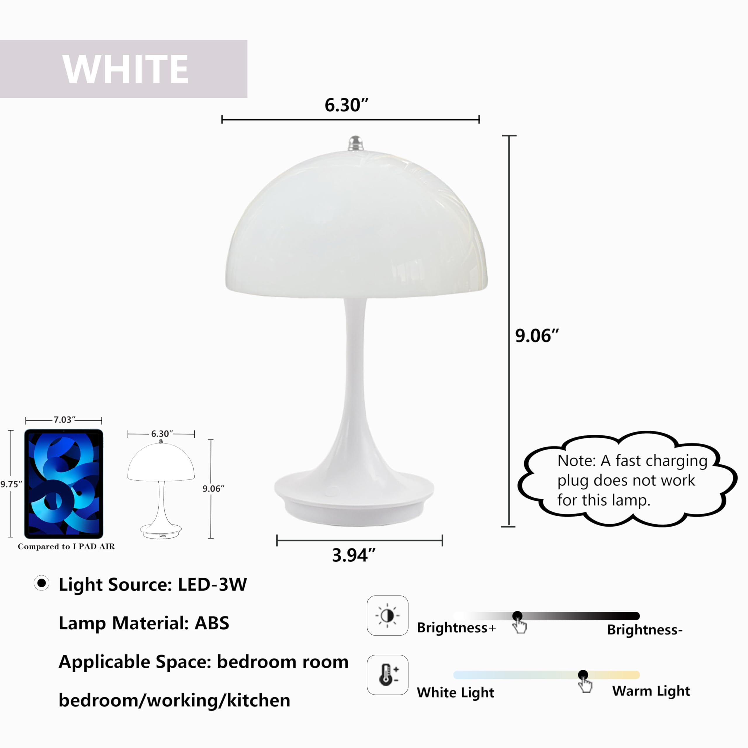 Mgchayoli Cute Cordless Mini Mushroom Table Lamp - Rechargeable 3000Mah Battery, Dimmable Touch Led, Portable Bedside Nightstand Light For Bedroom, Kitchen, Bathroom, Office & Study Decor - White
