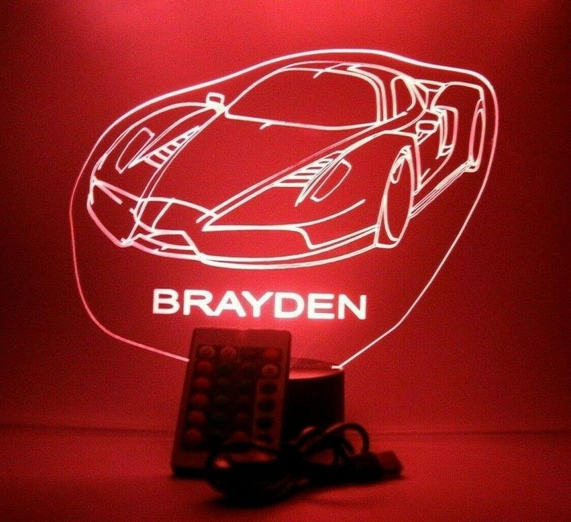Mirror Mania Sports Race Car Night Light Up Led Personalized Name Engraved Fast Highly Exclusive Speed Racing Luxury Car Table Lamp 16 Color Changing Options With Remote Engraved, Great