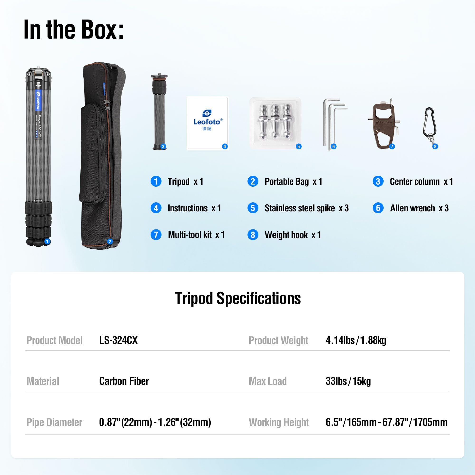Leofoto Carbon Fiber Lightweight Travel Tripod, 68" Professional Video Tripod For Mirrorless Camera/Dslr With Carry Bag, Max Load 33.07Lb (Ls-324Cx)