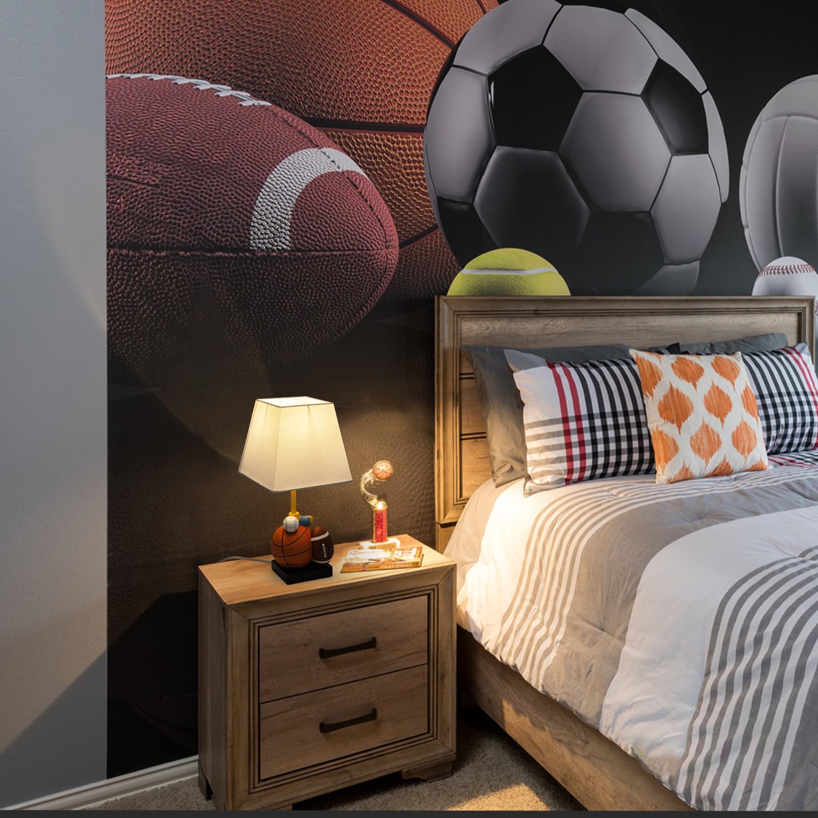 Herbestbay Kids Table Lamp, 14-Inch Bedside Lamp Adorable Football, Basketball, Hockey, And Baseball Design With Cute Shade - Ideal For Bedroom Decor, Includes Led Bulb