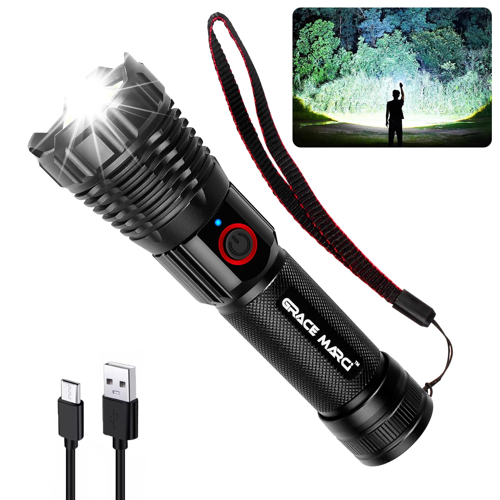 Grace Marci Super Bright Rechargeable Flashlights, High Lumen 500000 Lumens, Led Flashlight With 5 Modes, Ip55 Waterproof, Powerful Handheld Light For Camping, Hiking, Emergency