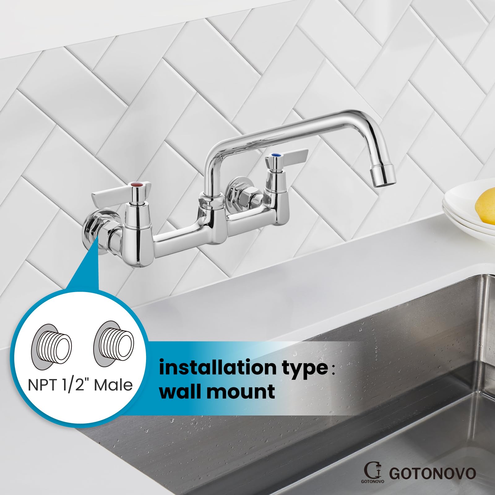 Gotonovo Wall Mounted Kitchen Sink Faucet 8 Inch Center Commercial Kitchen Faucet With 9" 360° Swivel Spout 2 Handles Restaurant Mixer Utility Tap Laundry Faucet Without Adapters, Polish Chrome