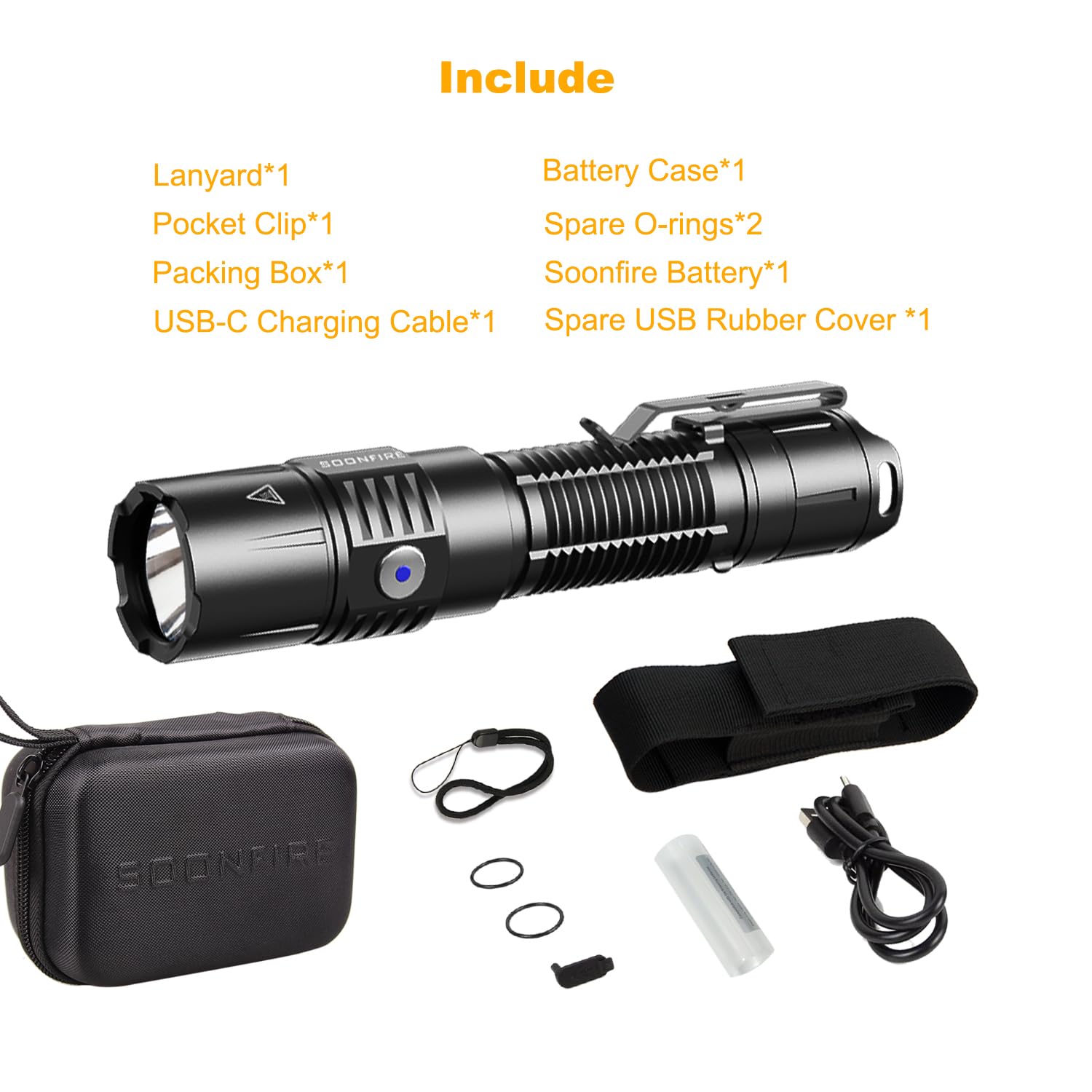 Soonfire Mx75 2530 Lumen Led Tactical Flashlight Law Enforcement, 390 Yards Beam Distance Usb-C Rechargeable Pocket Flashlight With Battery