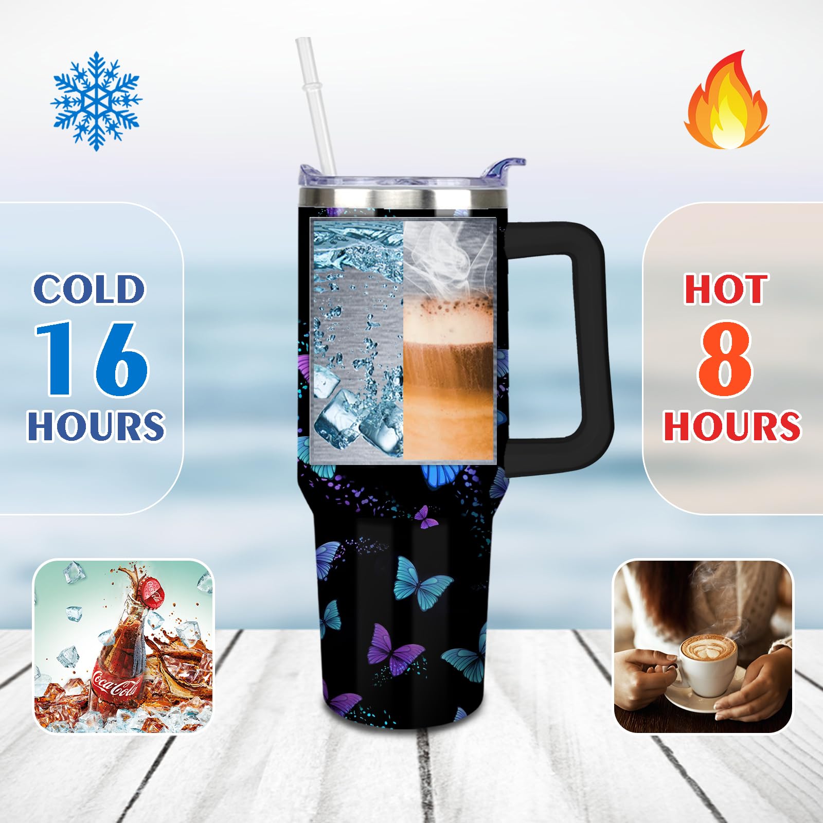Butterfly Tumbler With Lid, Straw And Handle - 40Oz Stainless Steel Travel Coffee Mug Water Bottle