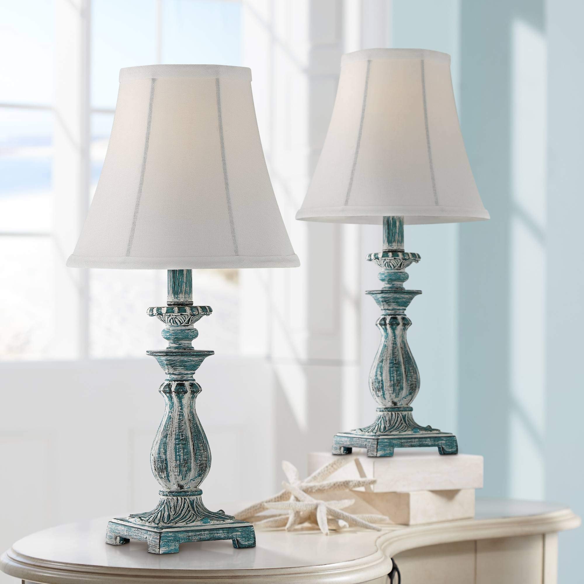 Regency Hill Cali Traditional Vintage Accent Table Lamps 19" High Set Of 2 Antique Blue White Bell Shade Candlestick Decor For Living Room Bedroom House Bedside Nightstand Home Office Family