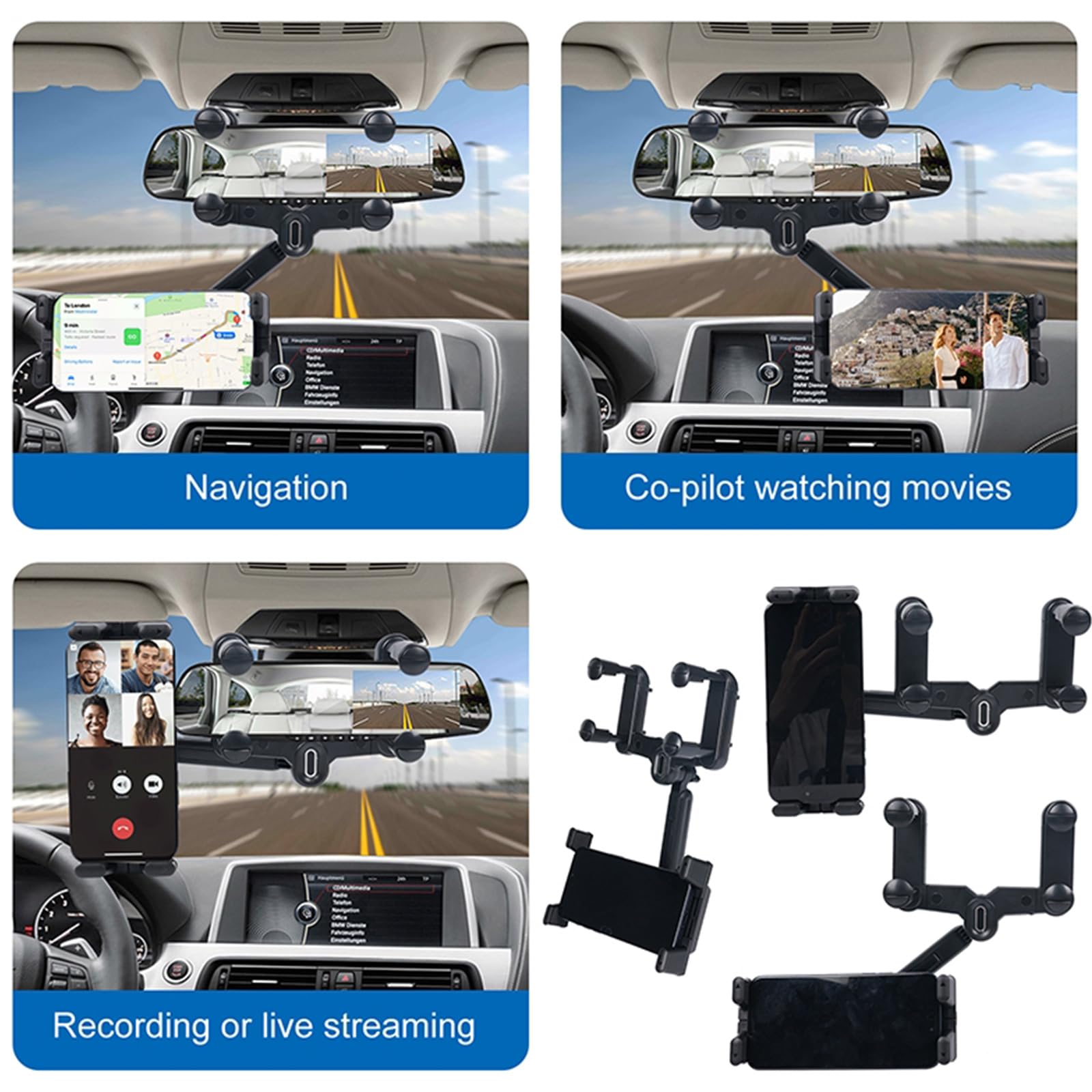 Kelofam Phone Mount For Car,Car Rear View Mirror Phone Holder, Multifunctional 360°Rotatable And Retractable Tablet Holder For Car，Suitable For Iphone,Ipad,Samsung Z Fold 5 4, All Foldable Phones
