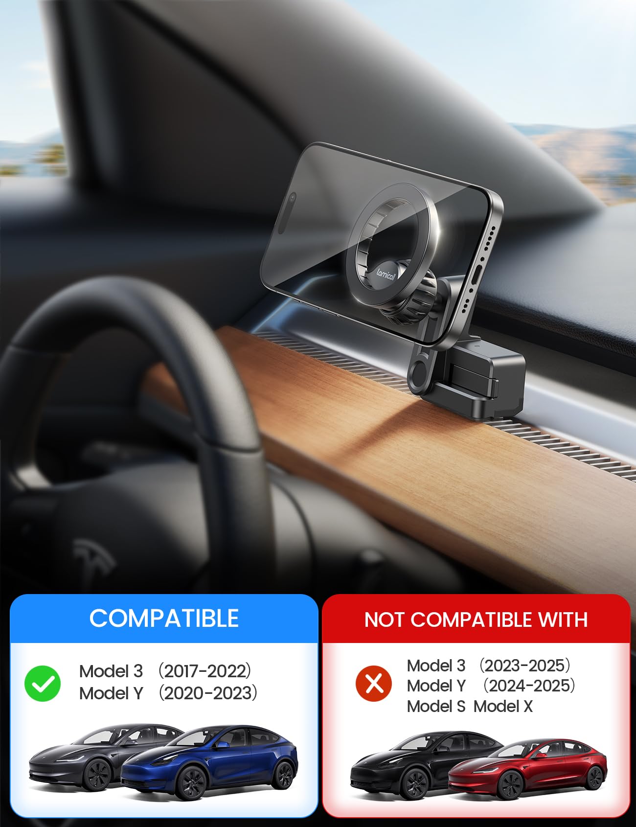 Lamicall For Tesla Phone Mount Holder [Strongest Magnet Power] For Tesla Model 3 Y Car Accessories Fits Iphone 16 15 14 Pro Max Plus [Only Fit For 2017- Model 3, 2020- Model Y]