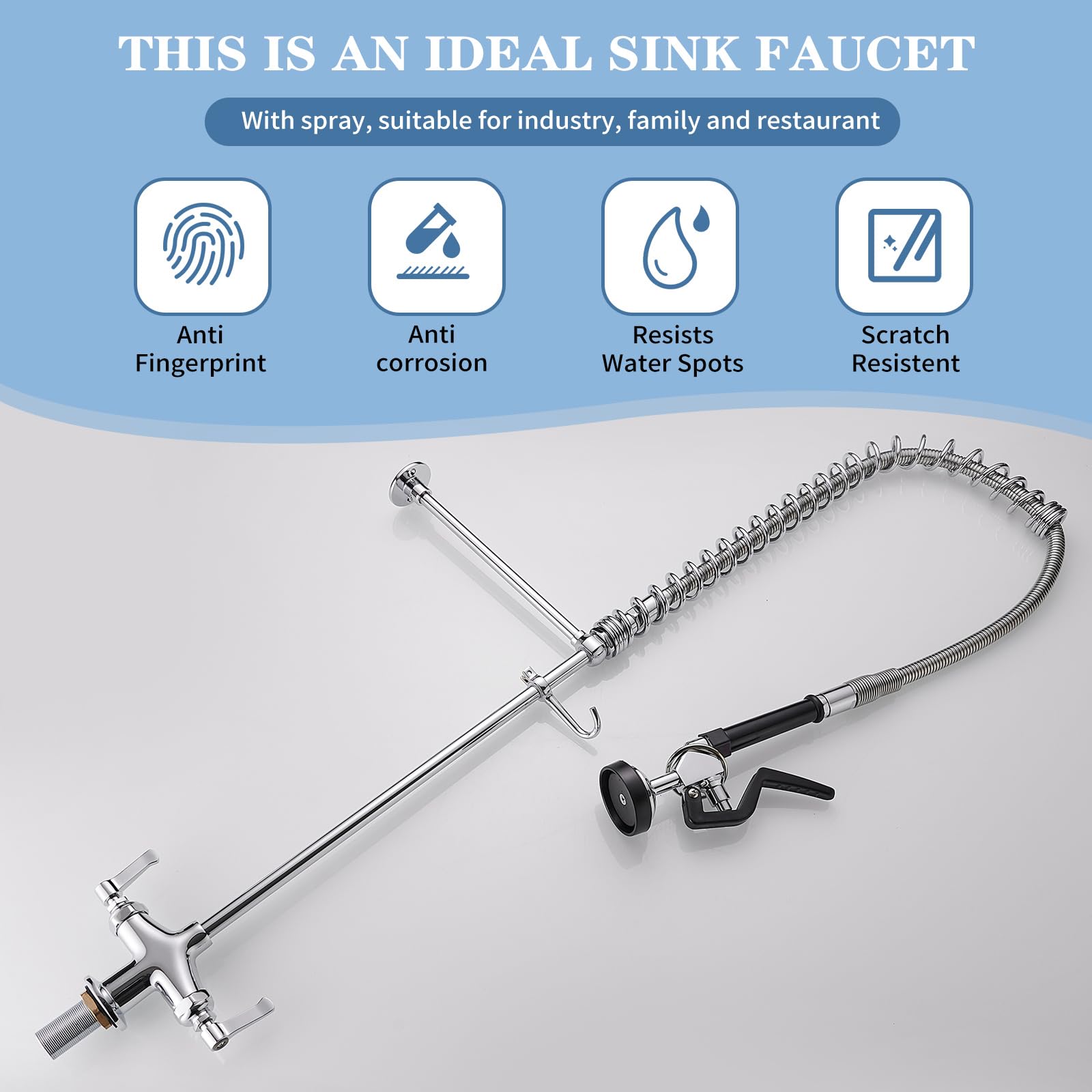 Bathfinesse Commercial Sink Faucet With Sprayer 39" Height Deck Mount Single Hole Double Handle Coiled Spring Pull Down Spray Pre Rinse Restaurant Kitchen Faucet With High Pressure Spray Valve