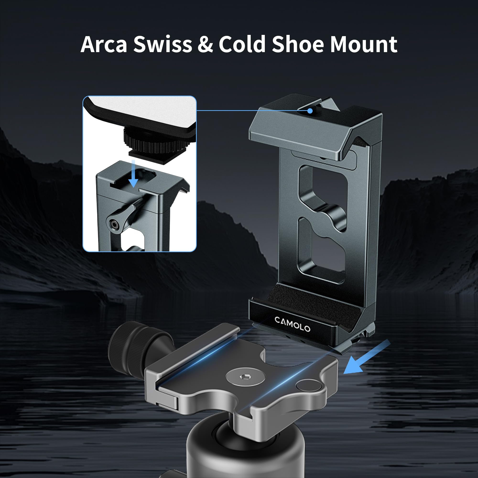 Camolo Geek Metal Phone Tripod Mount Arca Port & Action Camera Adapter, Adjustable Smartphone Tripod Adapter Clamp Cell Phone Stand Holder Compatible With Iphone Plus Pro Max Gopro Samsung Galaxy Motorola Pixel