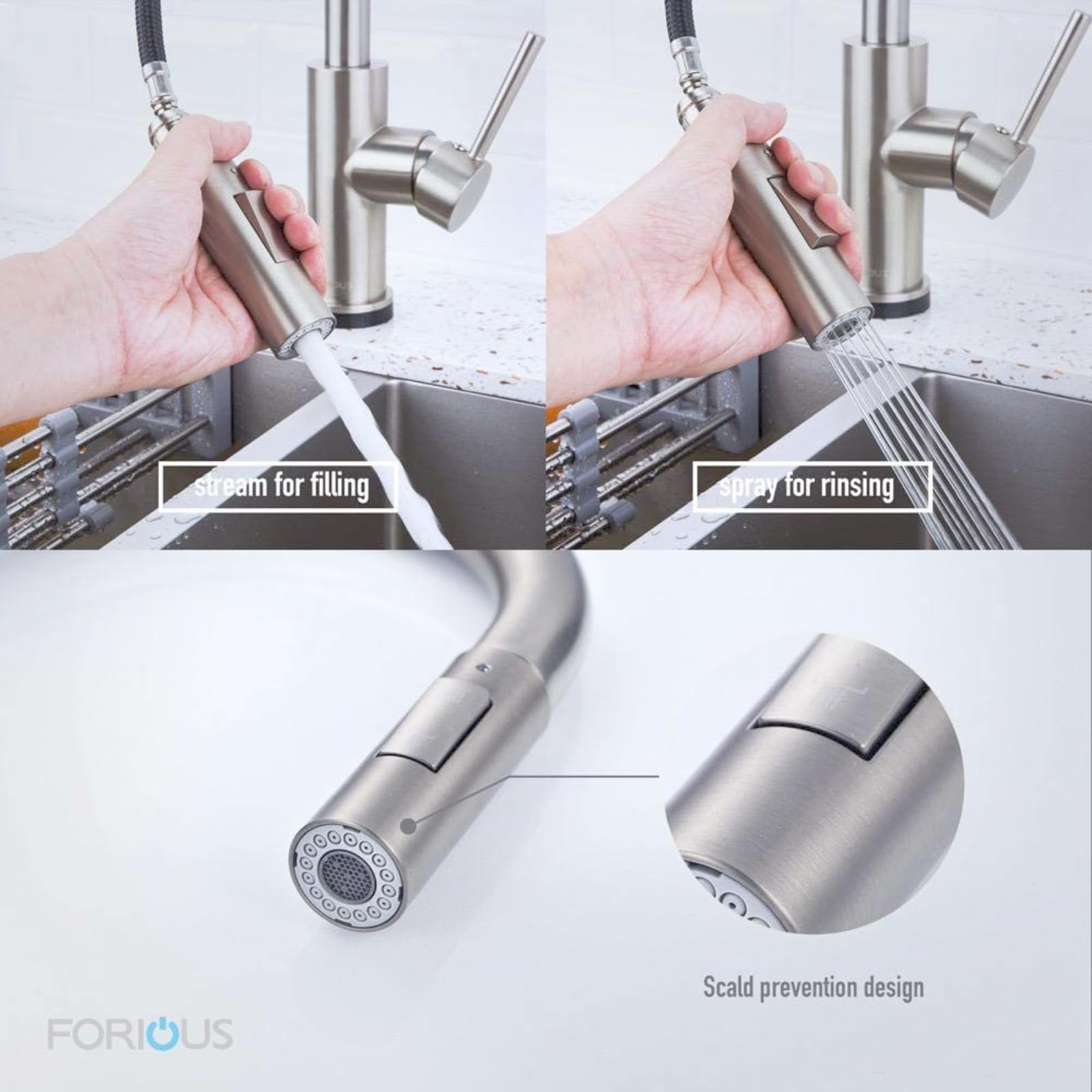 Forious Brushed Nickel Kitchen Faucet With Pull Down Sprayer, Stainless Steel High Arc Gooseneck Modern Sink Faucet With Cupc Ceramic Cartridge, Single Handle And Deck Plate