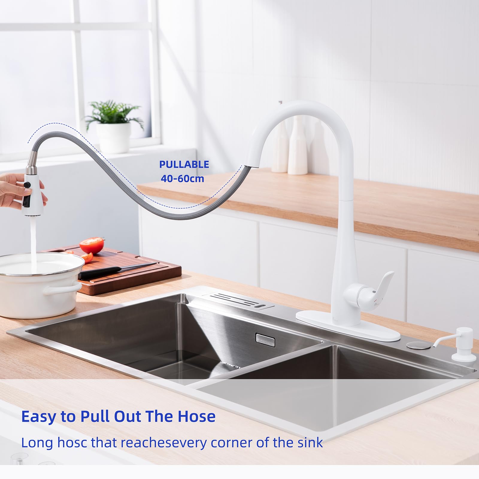 Hghgk Kitchen Faucet With Soap Dispenser And Pull Down Sprayer - Stainless Steel Single Handle Kitchen Sink Faucet, 1 Or 3 Hole Design For Modern Farmhouse Kitchens, Rv, And Bar Sinks(White)