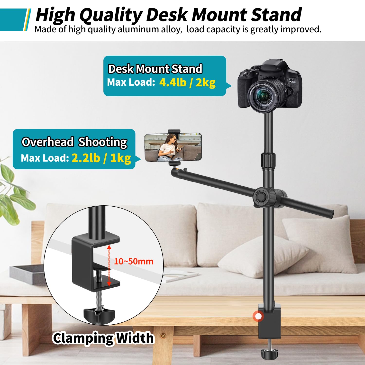 Jebutu Camera Desk Mount Webcam Stand With Overhead Articulating Magic Boom Arm 1/4" Ball Head For Dslr Tripod, Adjustable Light Stand, Tabletop C Clamp For Ring Light Photo Video Shooting Live Streaming