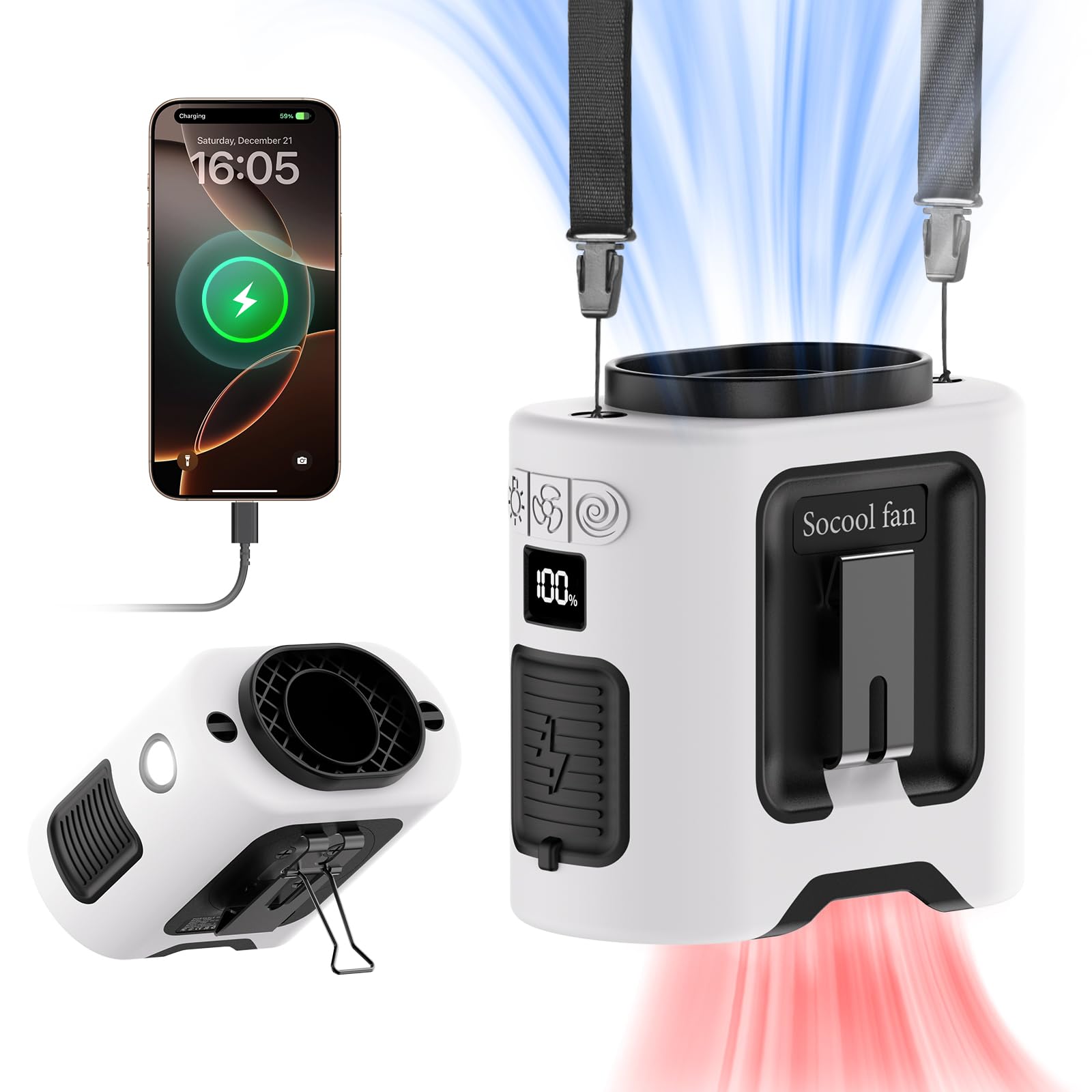 Socool 14500Mah Portable Waist Fan Clip On Belt 360 Rotation Wearable Rechargeable Personal Shirt - Koospark