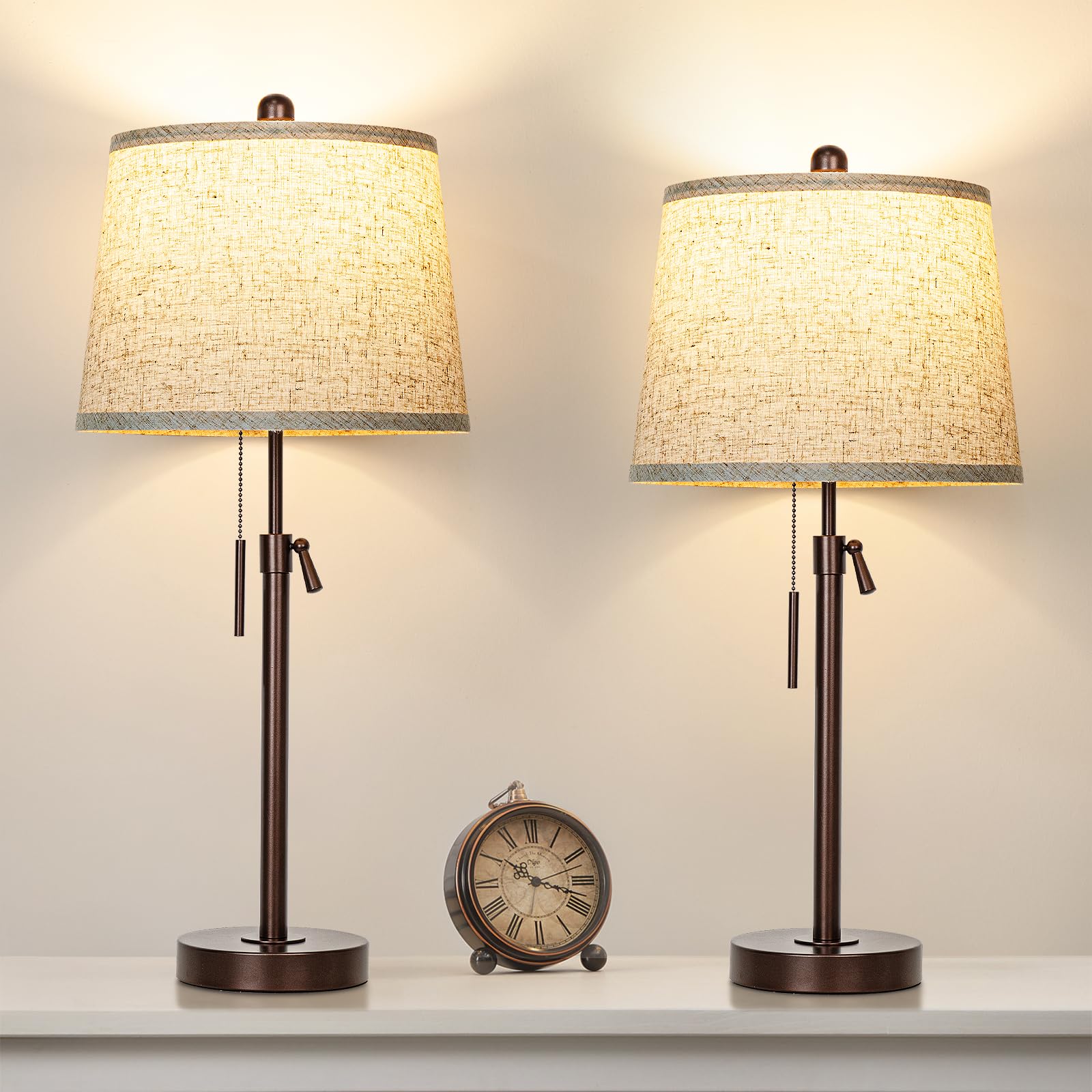 Junnai Table Lamps Set Of 2, 22" To 30"Adjustable Height Bedside Lamps For Living Room 3 Color Temperatures Tall Nightstand Lamps Modern Brown Table Lamp For Bedroom Office End Table (Bulbs Included)