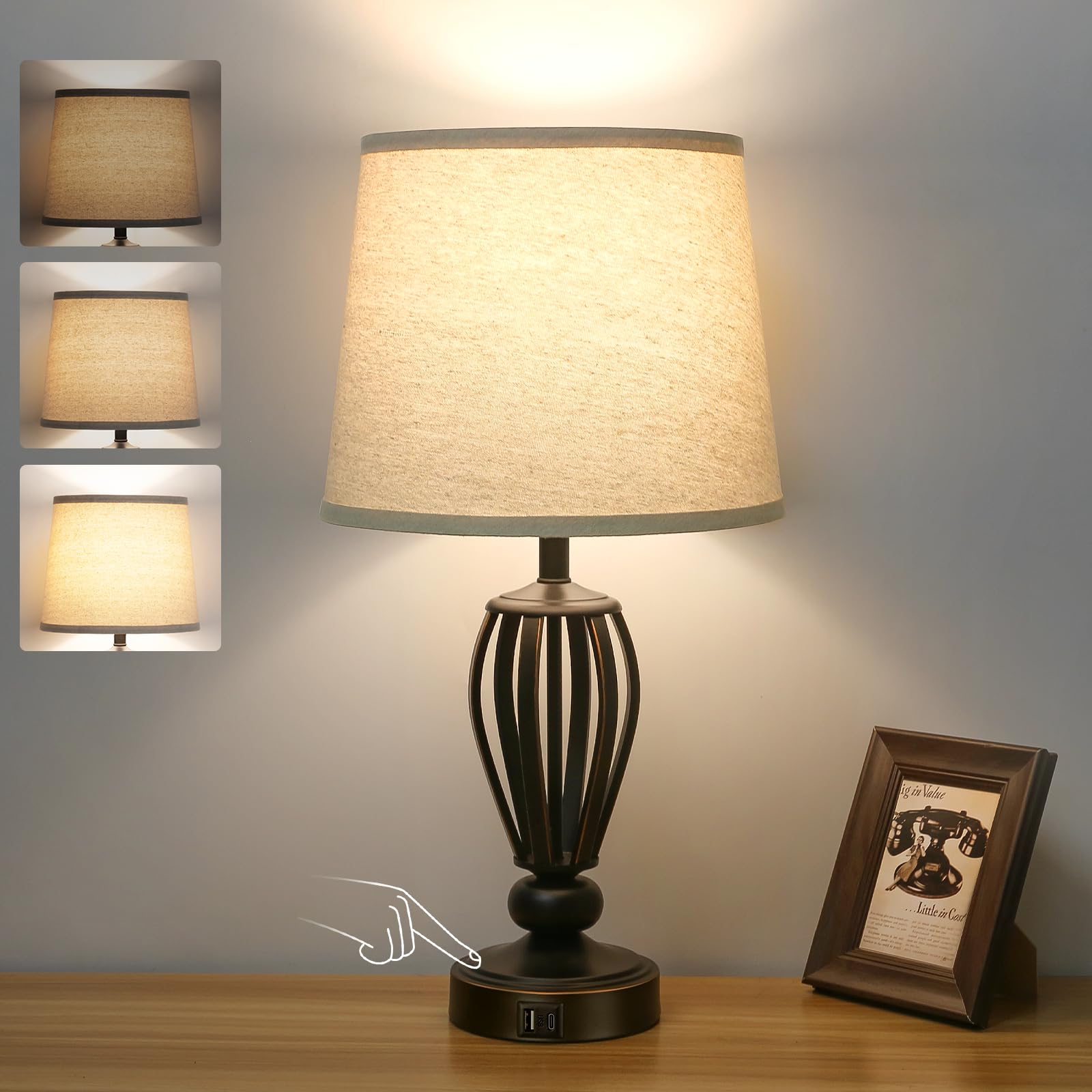 Seaside Village Usb Bedside Lamp, 3-Way Dimmable Touch Table Lamp With Usb C+A Charging Ports Industrial Table Lamp Black Metal Base Farmhouse Reading Lamp For Bedroom, Living Room, Office Or Study Led Bulb Included