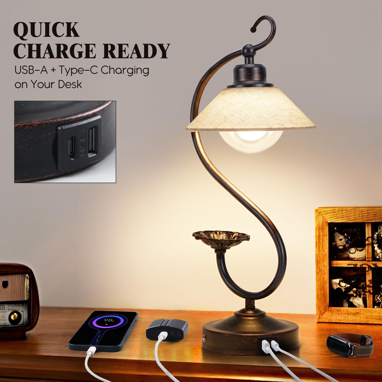 Hymela V05 Vintage Flower Table Lamp - Dimmable Nightstand Lamps With Usb C+A Charging Ports, Farmhouse Touch Bedside Lamp, Unique Small Led Lamps For Bedroom, Living Room, Entry, Dining, Entryway